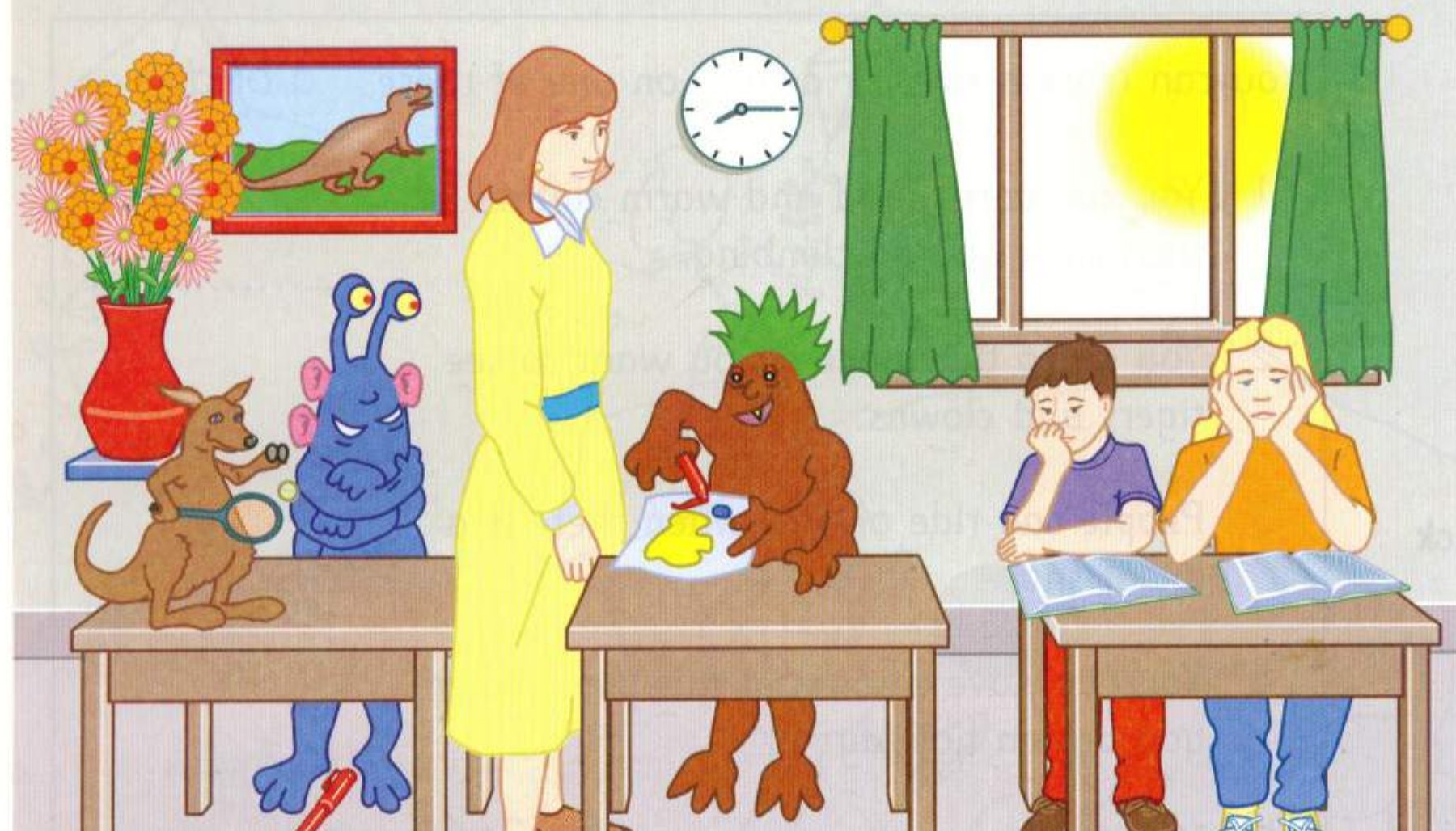 Part 2 scene: a busy classroom with monsters, children and a teacher