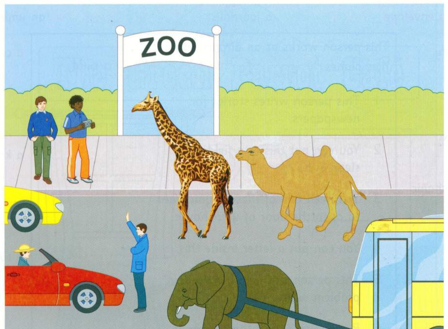Part 2 scene: animals from a zoo crossing a busy road