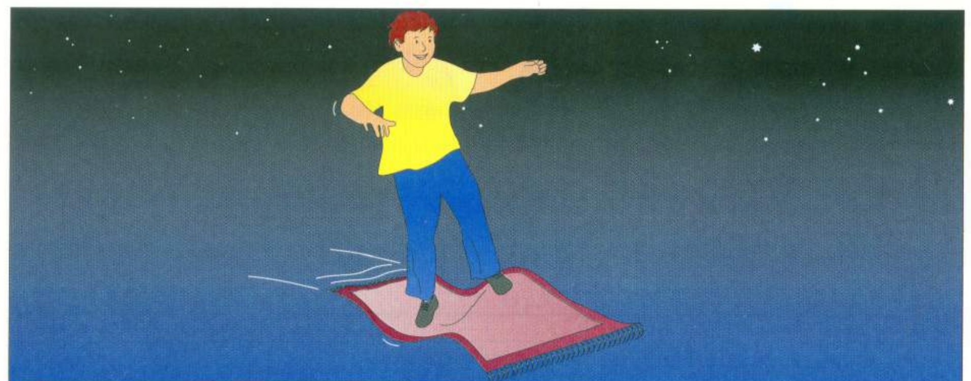 A boy flying on a magic mat through space