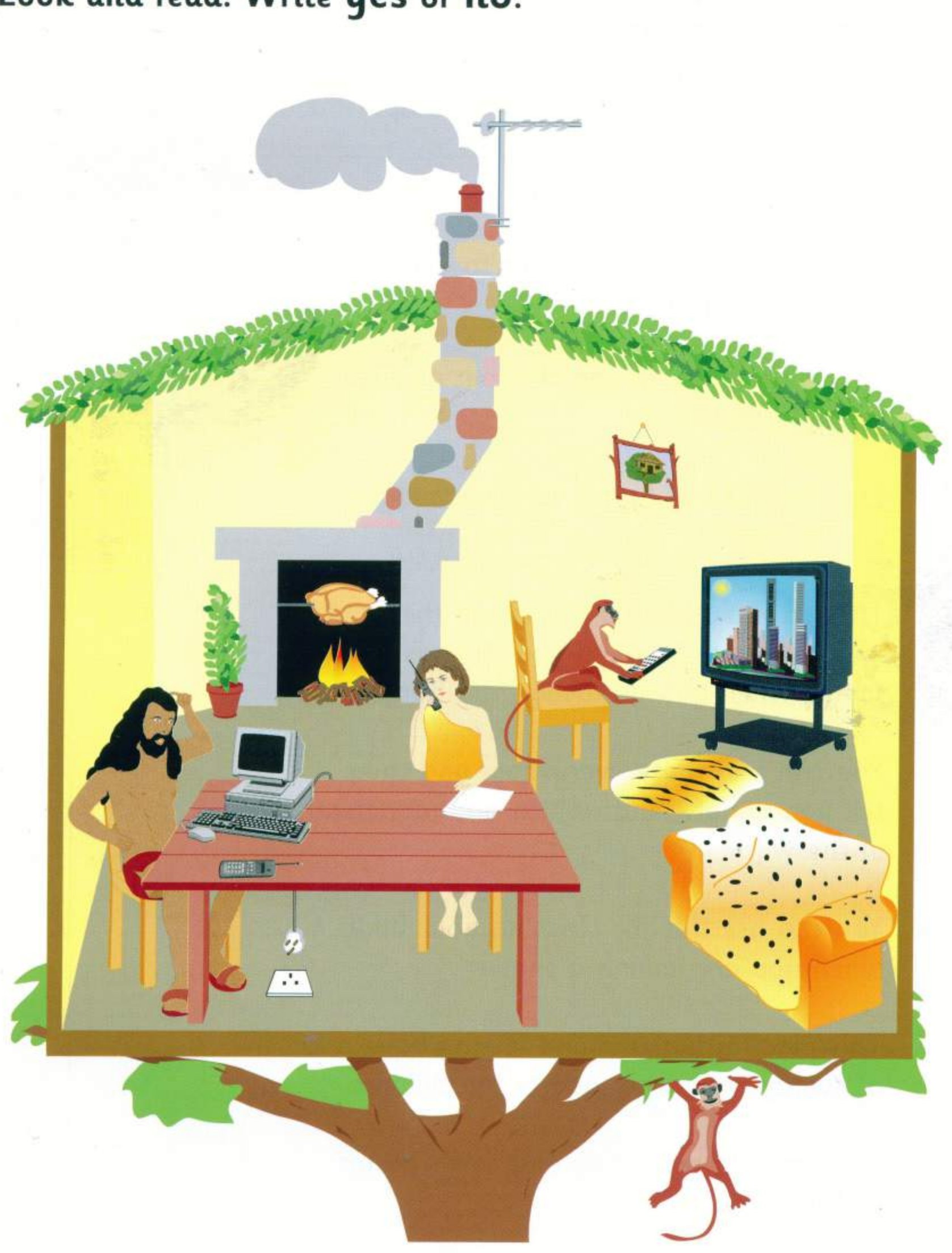 Part 2 scene: a house in a tree with a man, a woman and monkeys