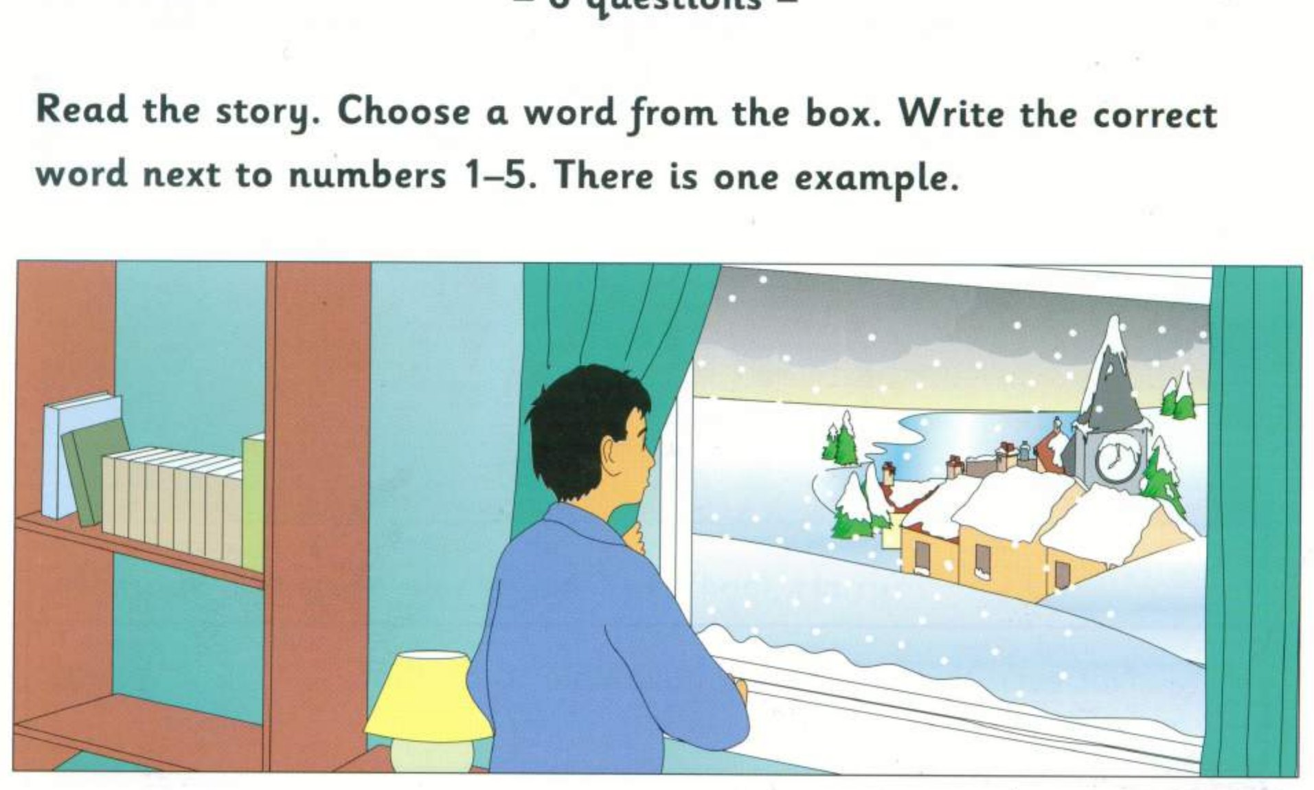A boy looking out of a window at a snowy village