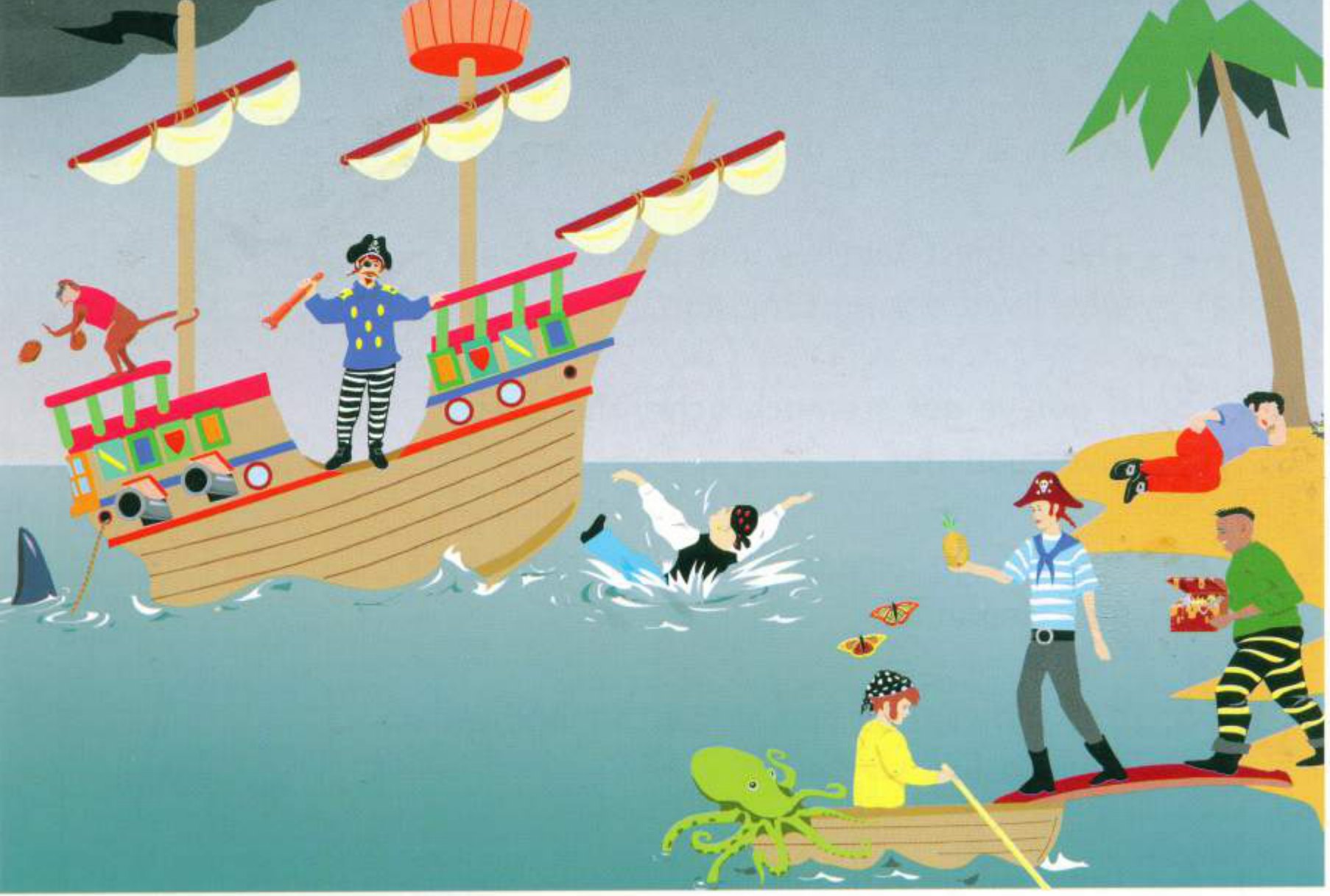 Part 2 scene: pirates on a ship near an island