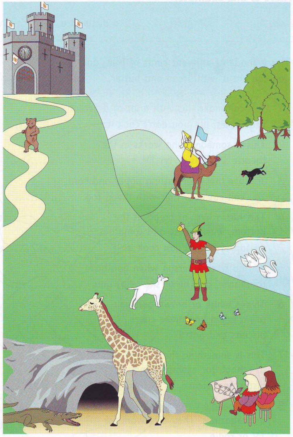 Part 2 scene: a castle on a hill with animals
