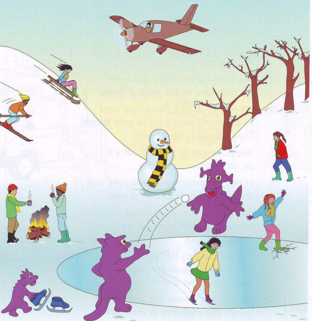 Part 2 scene: people and monsters skating and playing in the snow