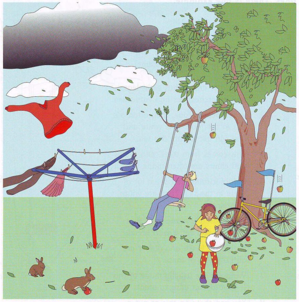 Part 2 scene: a windy garden with a tree, a swing and a washing line