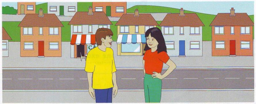 Harry and Sarah talking on a street