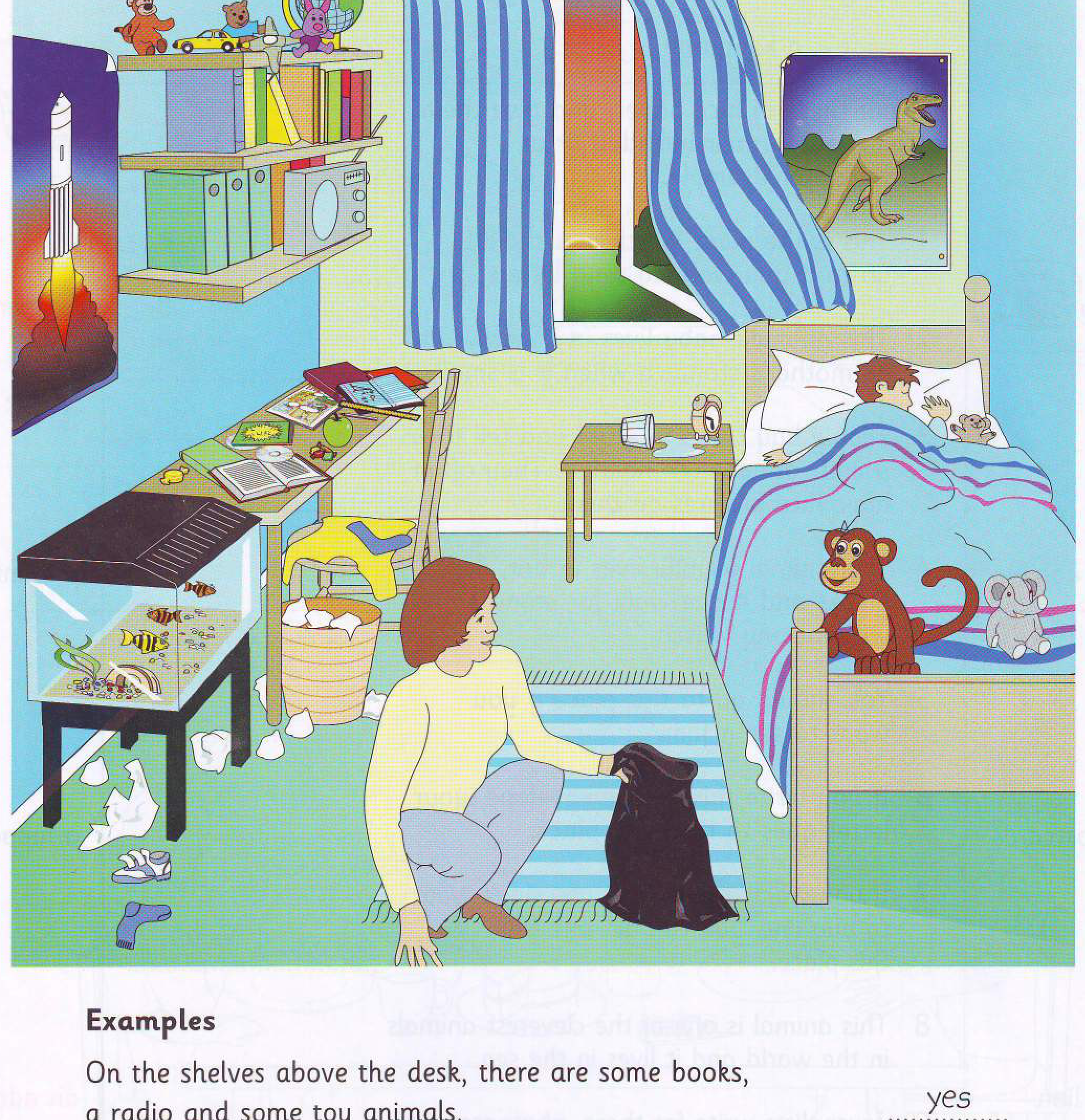 a boy's bedroom with bookshelves, a desk and a bed