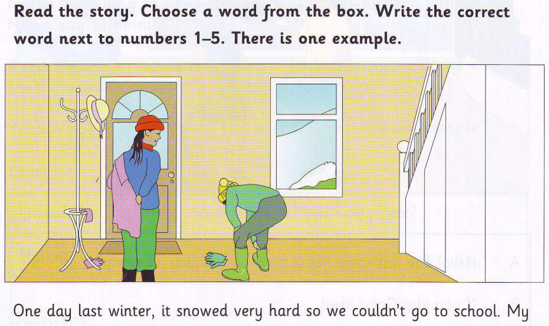 Children playing in the snow with a snowman
