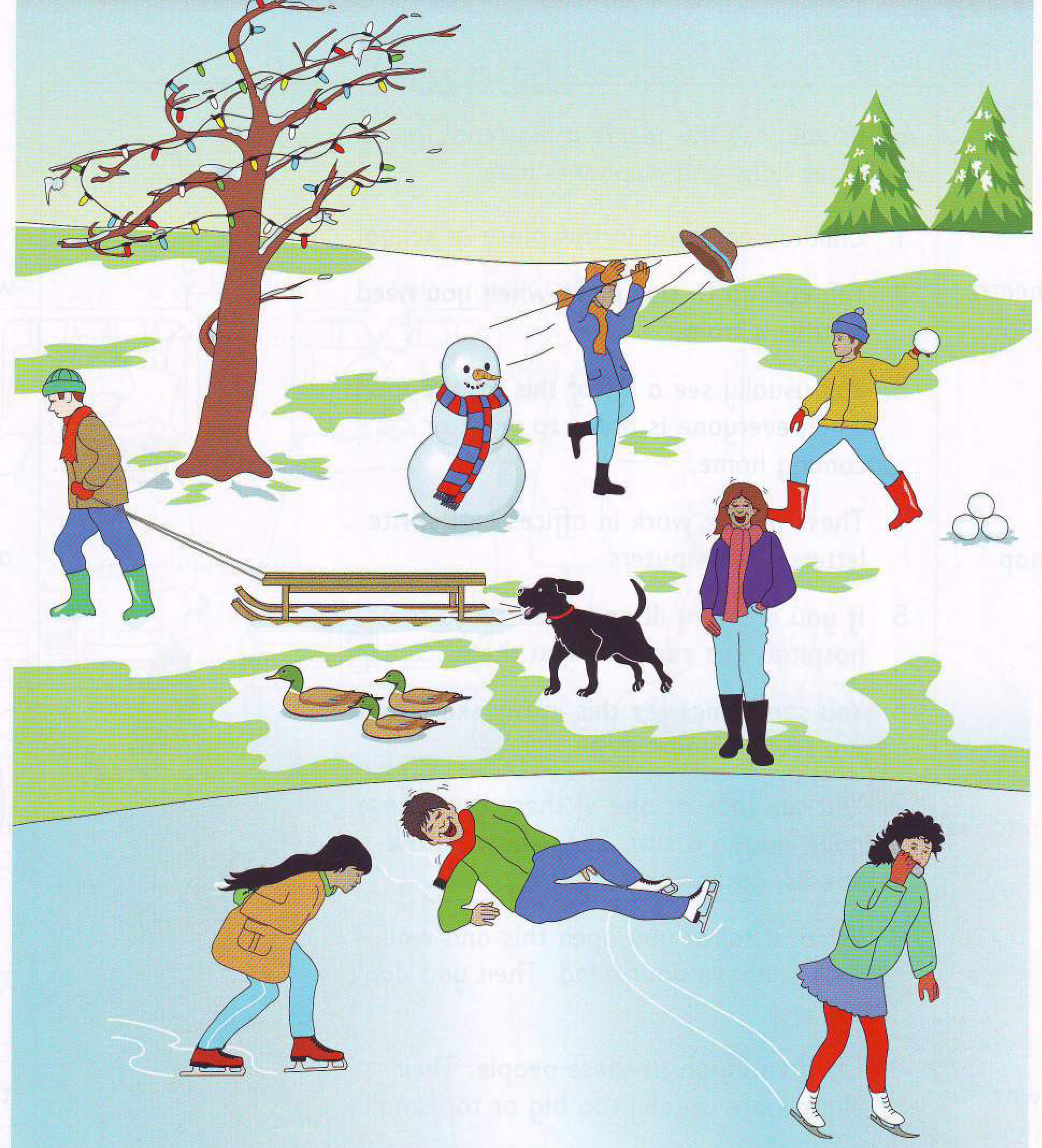 a winter outdoor scene with people ice-skating, a snowman, and sledges
