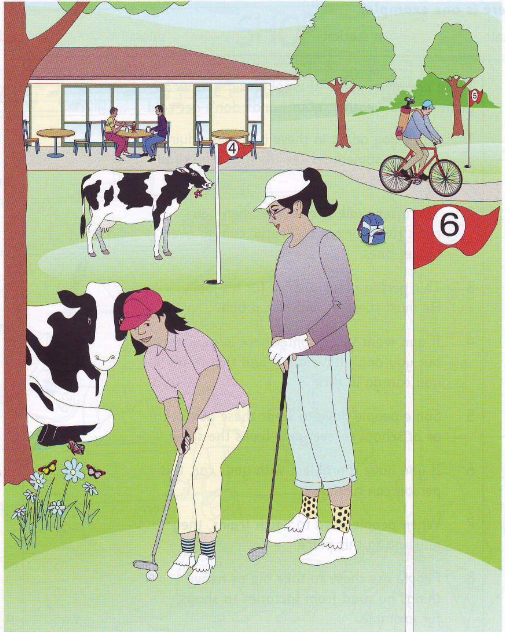 Part 2 scene: a golf course with cows near a cafe