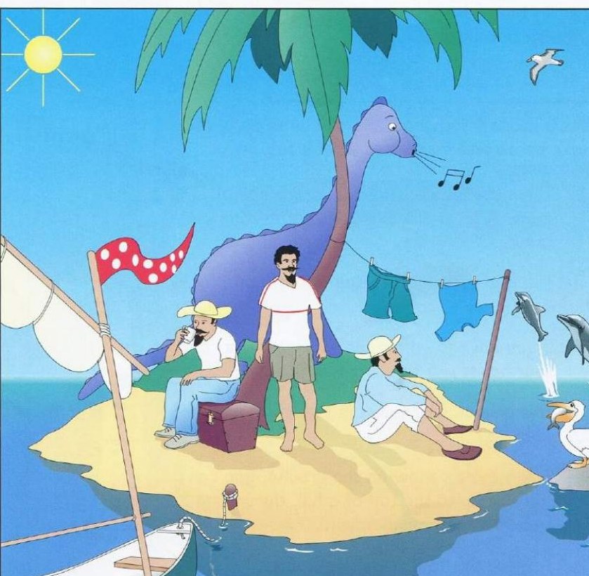 Part 2 scene: three men on a small sandy island with palm tree, a singing dinosaur, a sailing boat and rowing boat, washing line with shorts, two dolphins jumping, a pelican on a rock and a treasure box