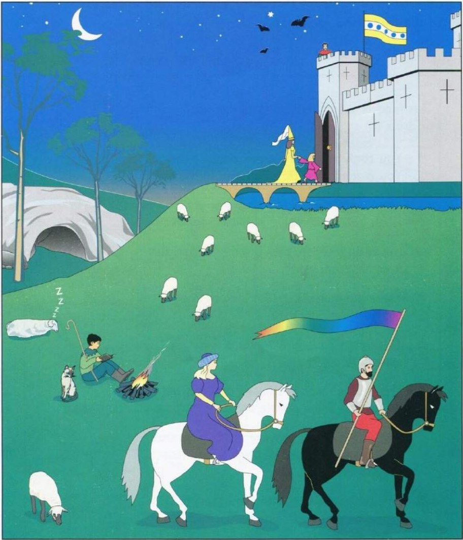 Part 2 scene: a night-time fairytale scene with a castle, a princess and child crossing a bridge, sheep on a green hill, a boy reading by a campfire with a cat, a sleeping sheep, a cave, bats and a moon, and two riders on white and black horses (one carrying a rainbow flag).