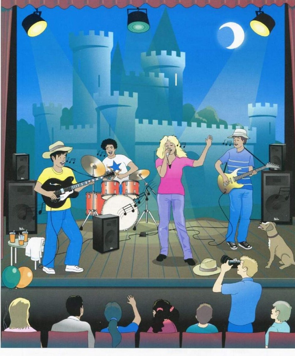 Part 2 scene: a band playing on a stage in front of a painted castle backdrop with a moon - a guitarist in a hat, a drummer, a blonde singer, a guitarist with a dog, a man taking a photo, and an audience watching