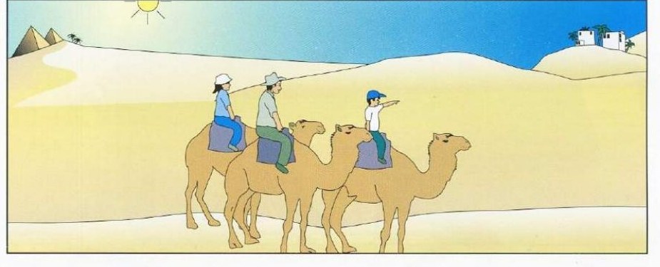 Three children wearing hats riding camels across a desert with pyramids and a white house among sand dunes under a hot sun