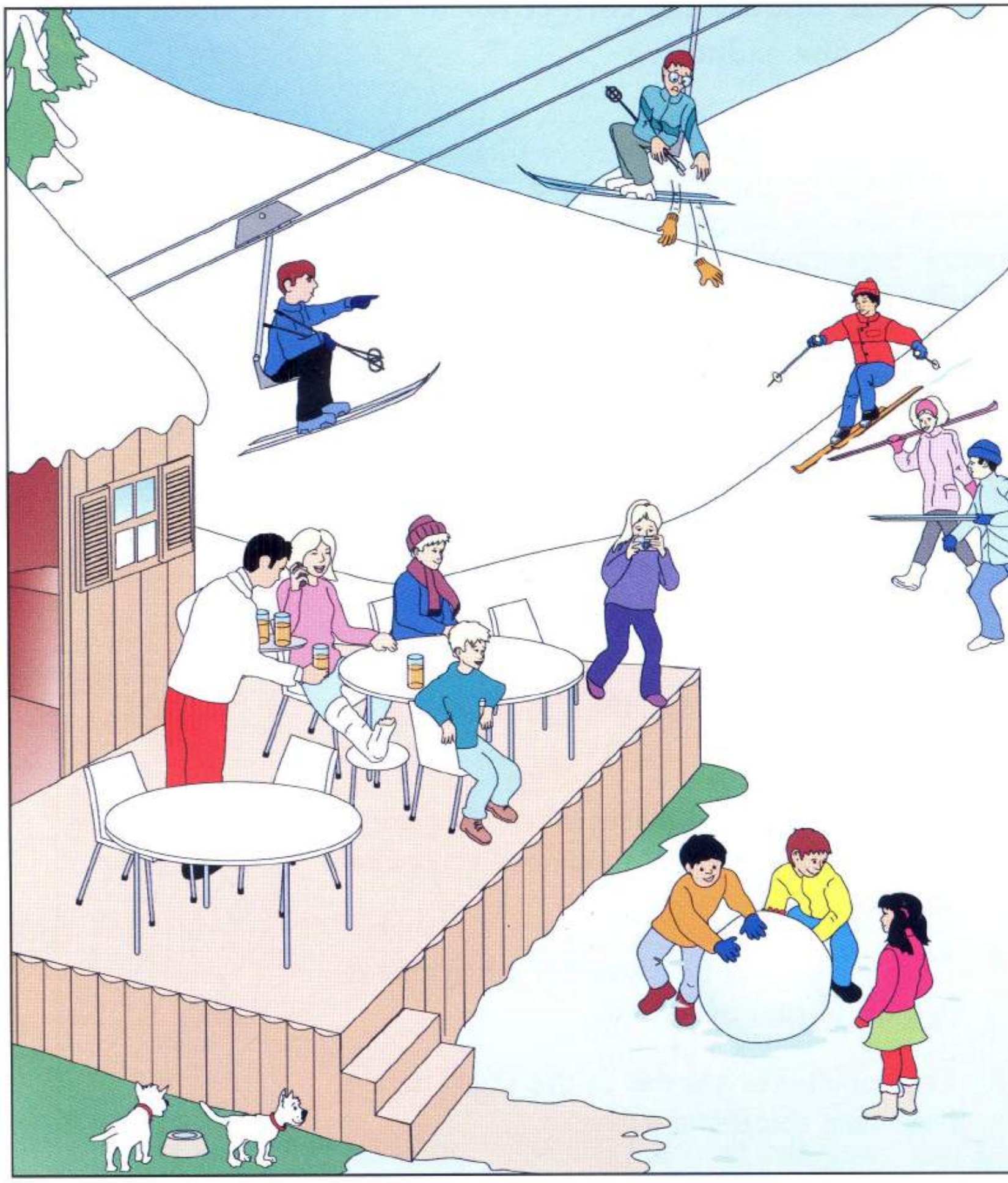 Snowy ski resort with skiers, a restaurant terrace and snowman