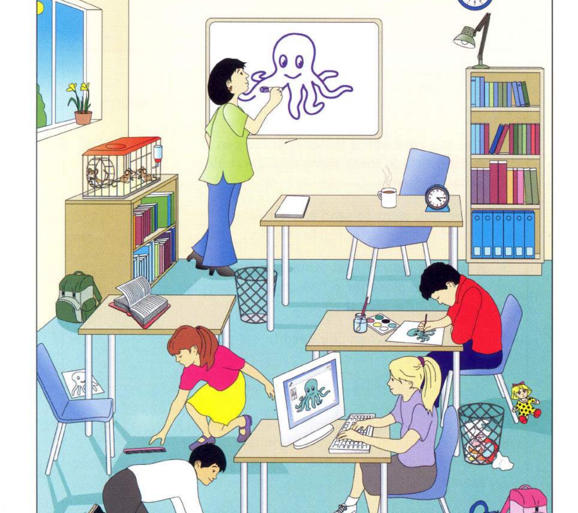 Classroom: teacher draws an octopus on whiteboard, students at desks and computers