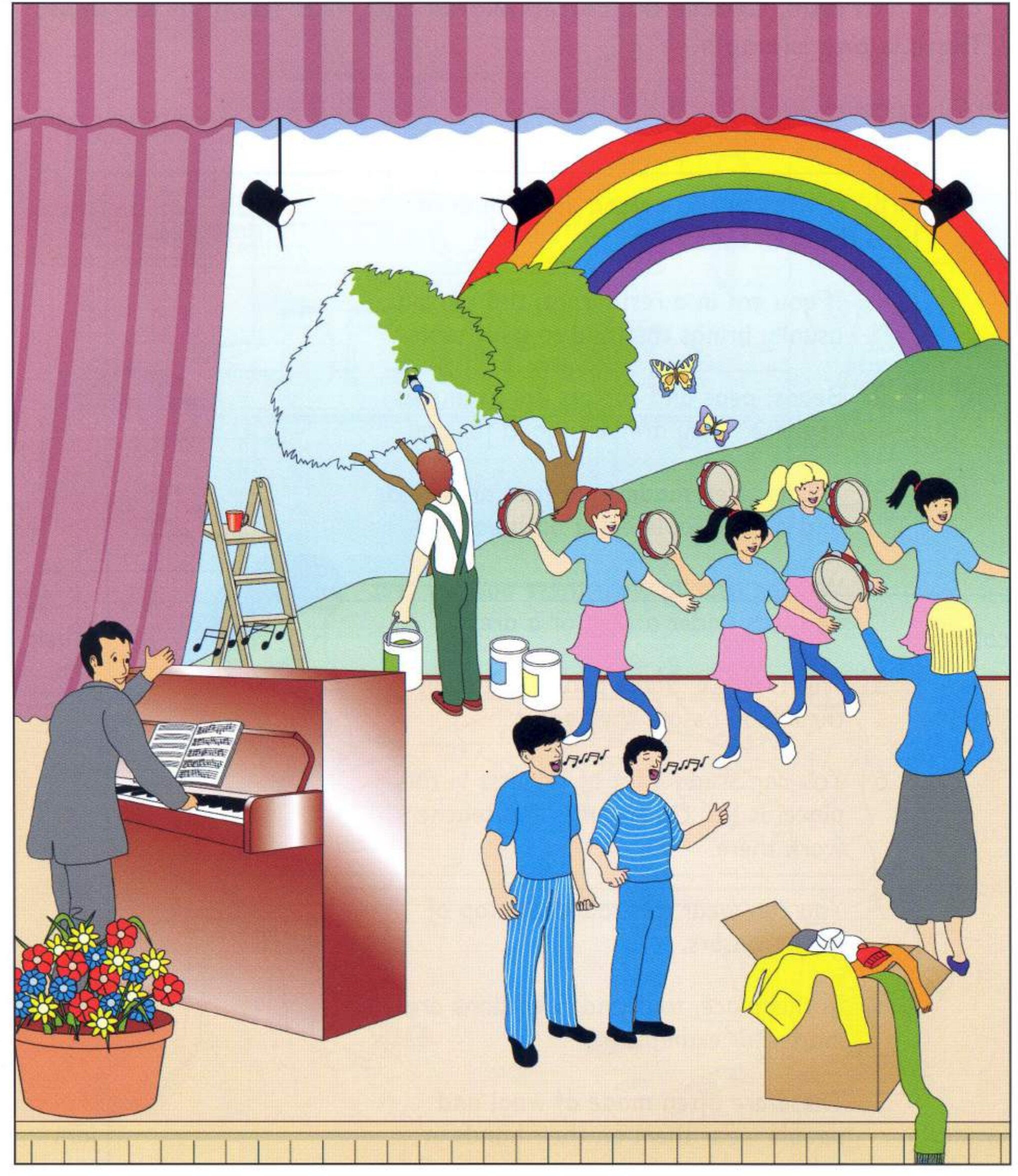 School stage: piano, children dancing, rainbow backdrop, painter