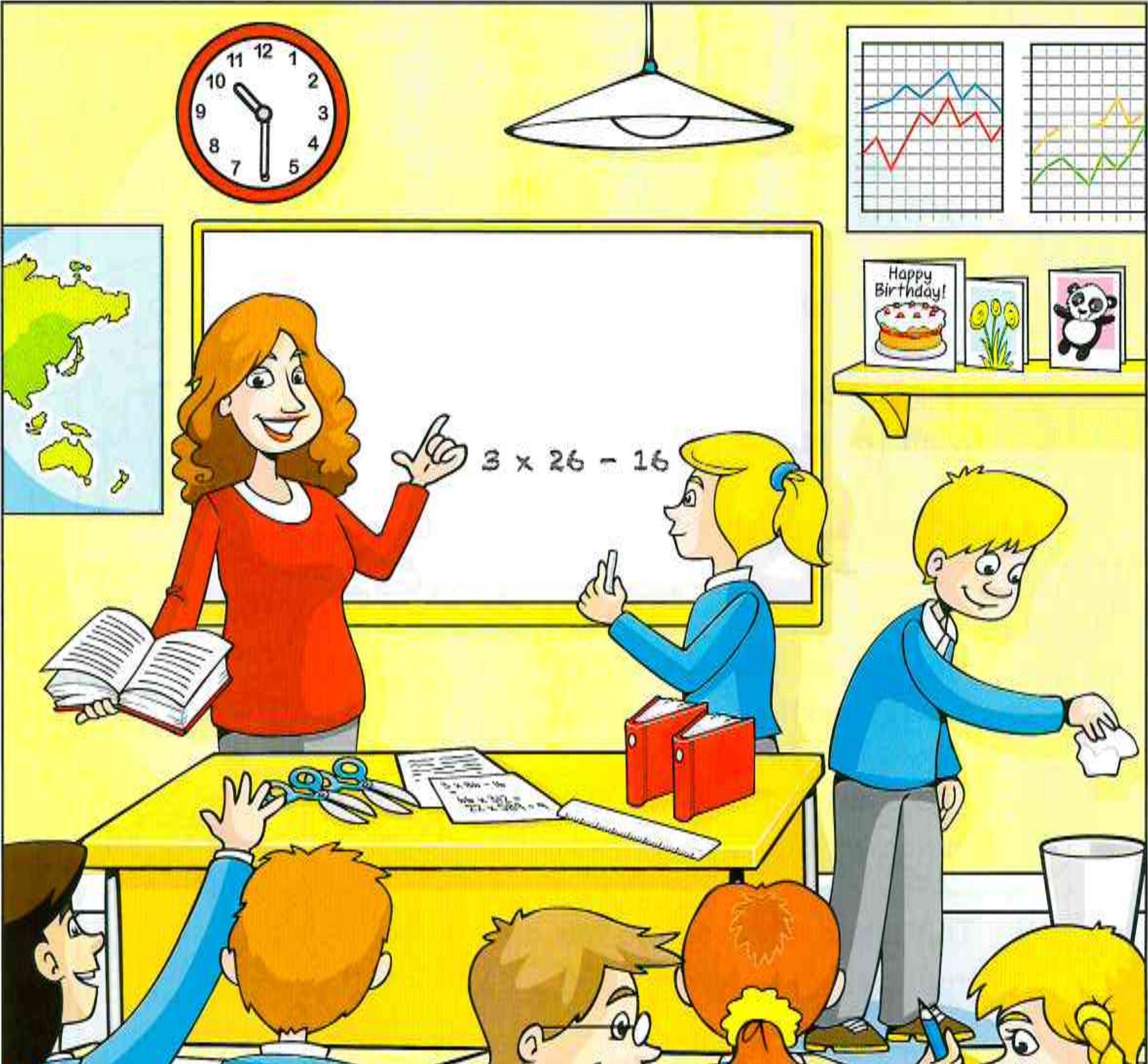 Classroom: teacher at whiteboard, children at desks, world map, clock