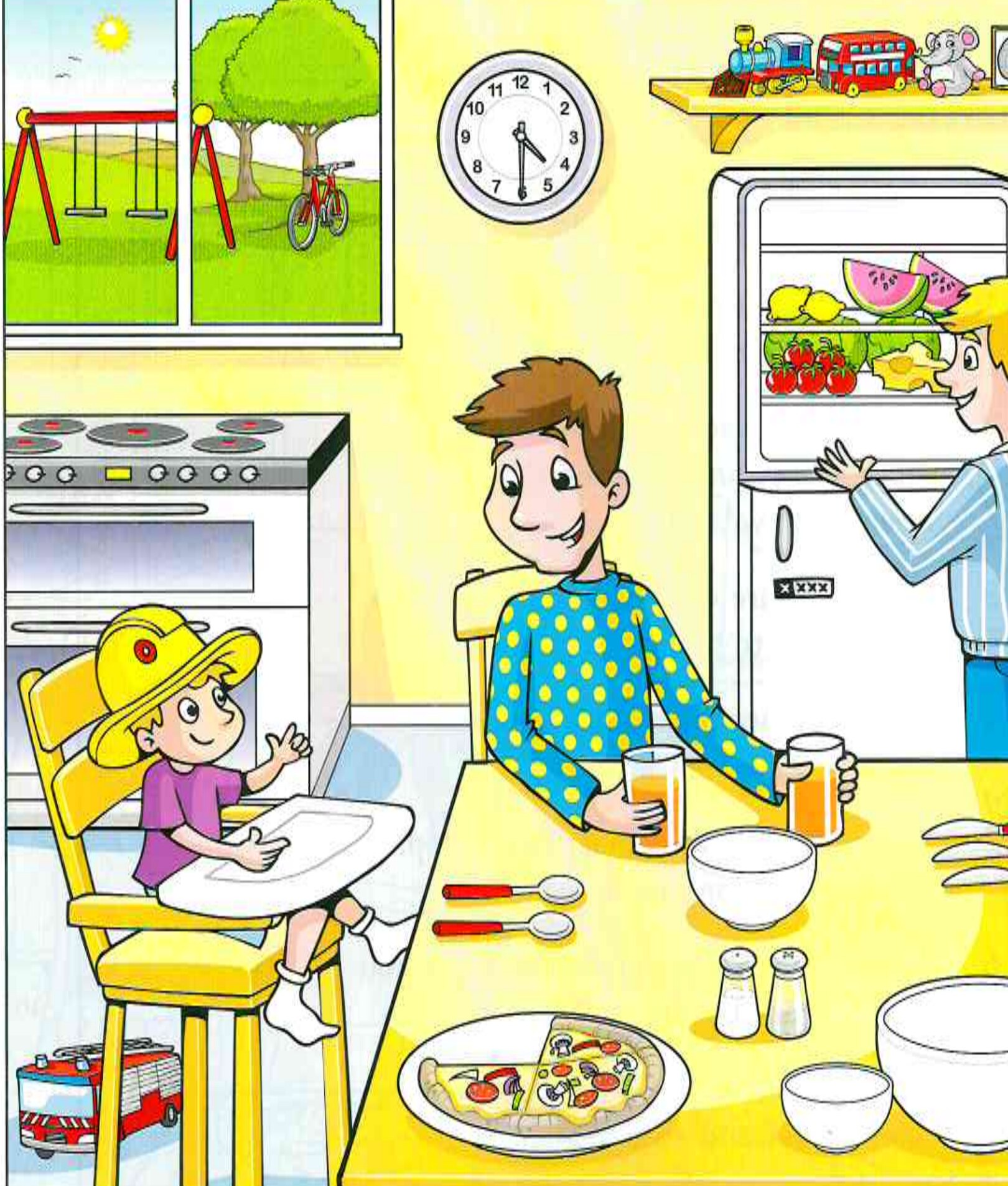 A family kitchen with two children, a fridge, food, a clock and a window.