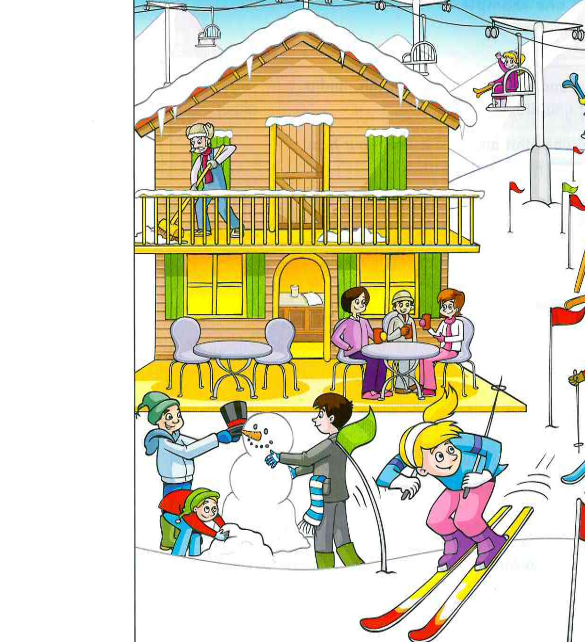 Busy ski resort with chalet, café, skiers, snowman and flags