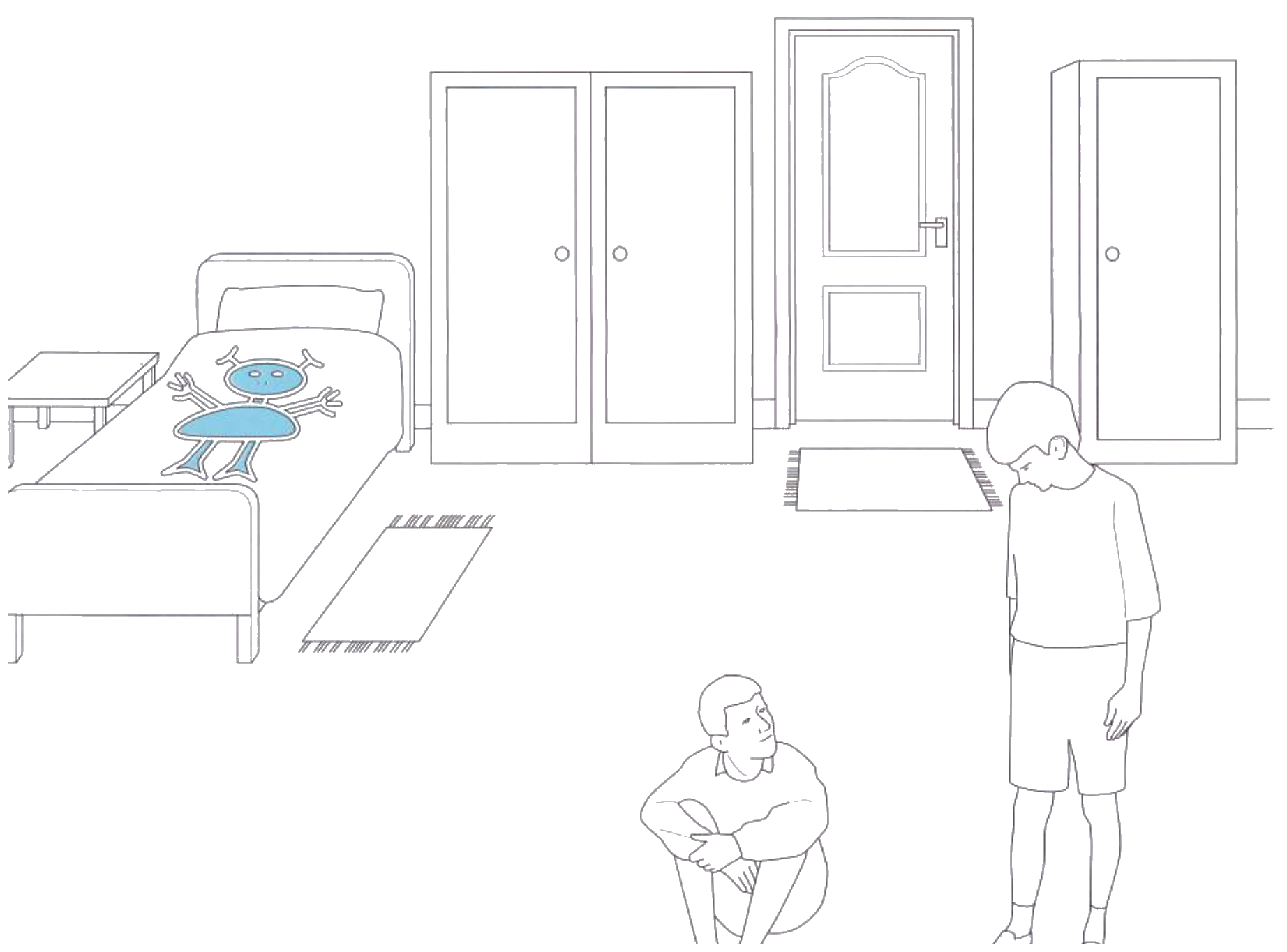 Part 5 scene: bedroom with two cupboards, a door, a bed with a monster, and two boys