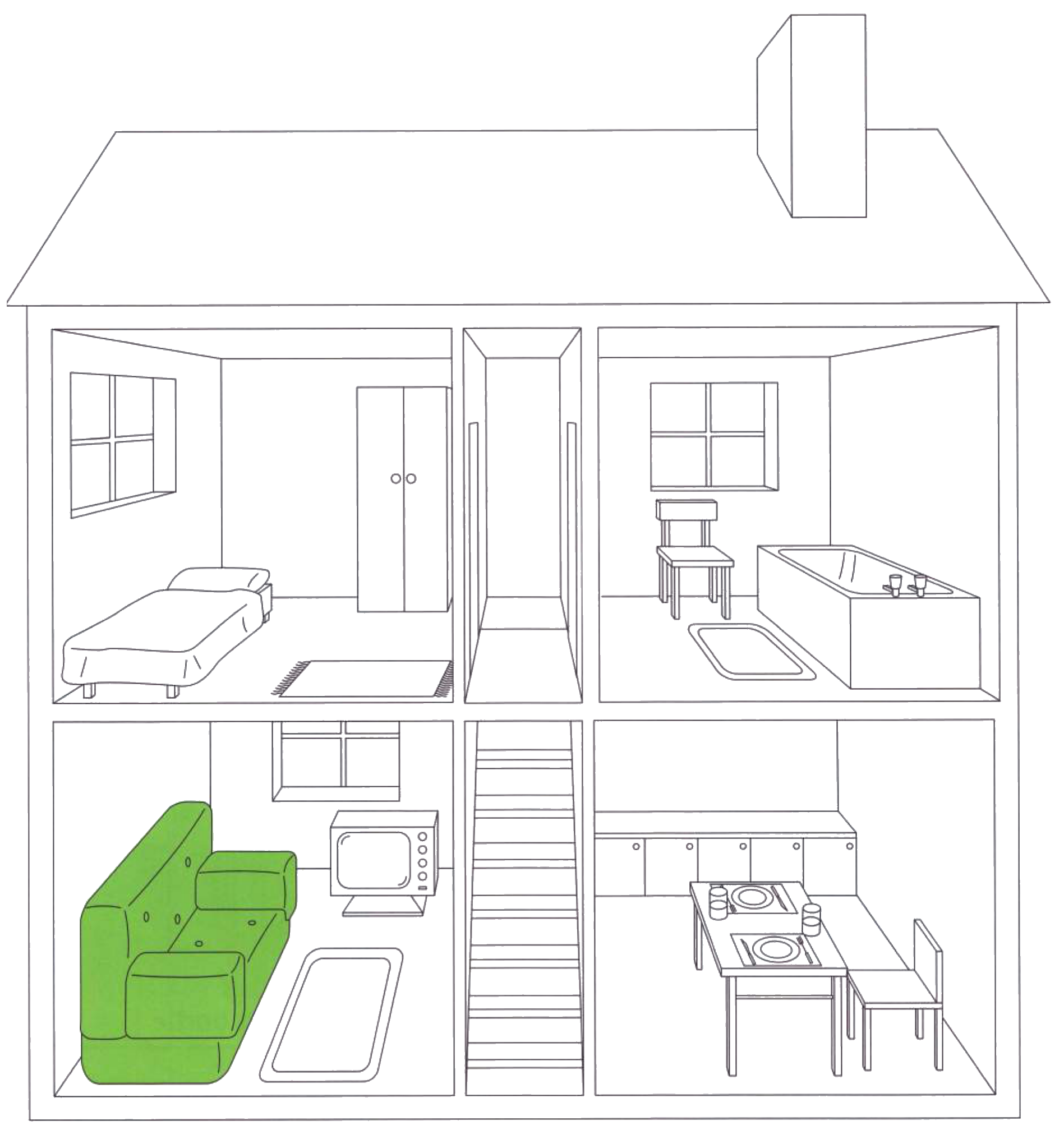 Part 5 scene: bedroom with two cupboards, a door, a bed with a monster, and two boys
