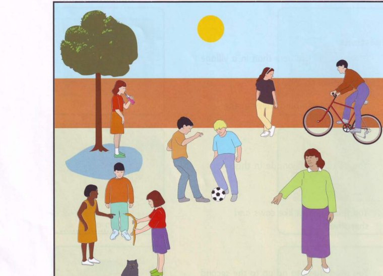 Part 2 scene: children playing outside near a school