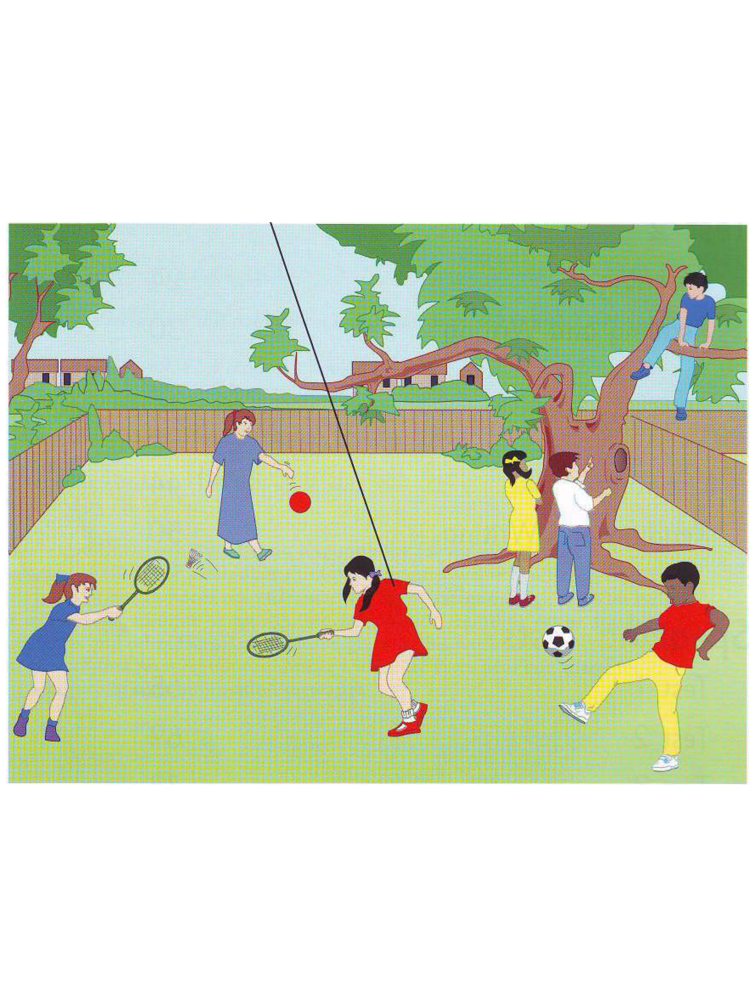 Part 1 scene: children playing in a garden — badminton, climbing a tree, bouncing a ball, kicking a football