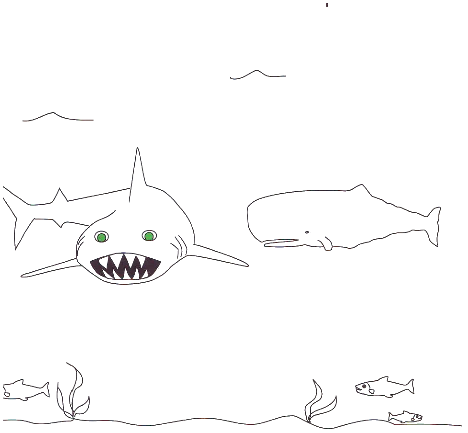 Part 5 scene: under the sea — a shark with green eyes, a whale, and small fish