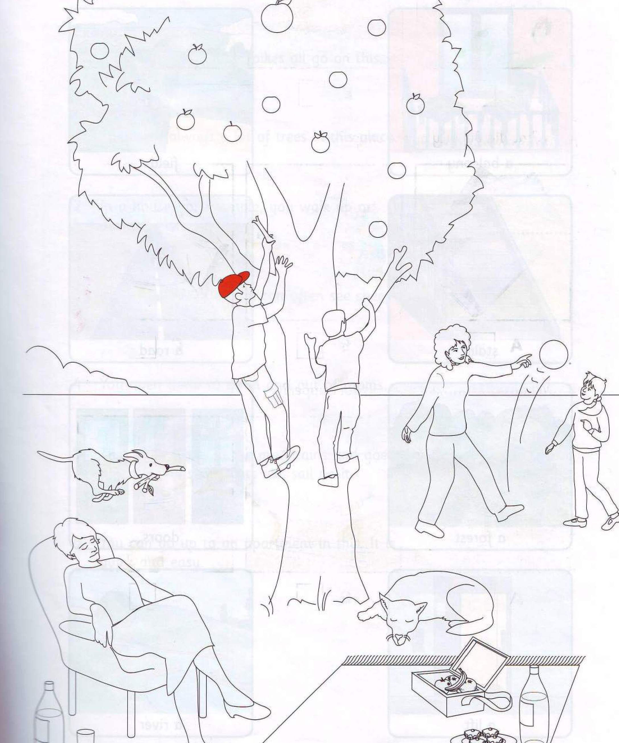 Part 5 scene: a garden with a tree, children, a dog, a woman in a chair and a picnic