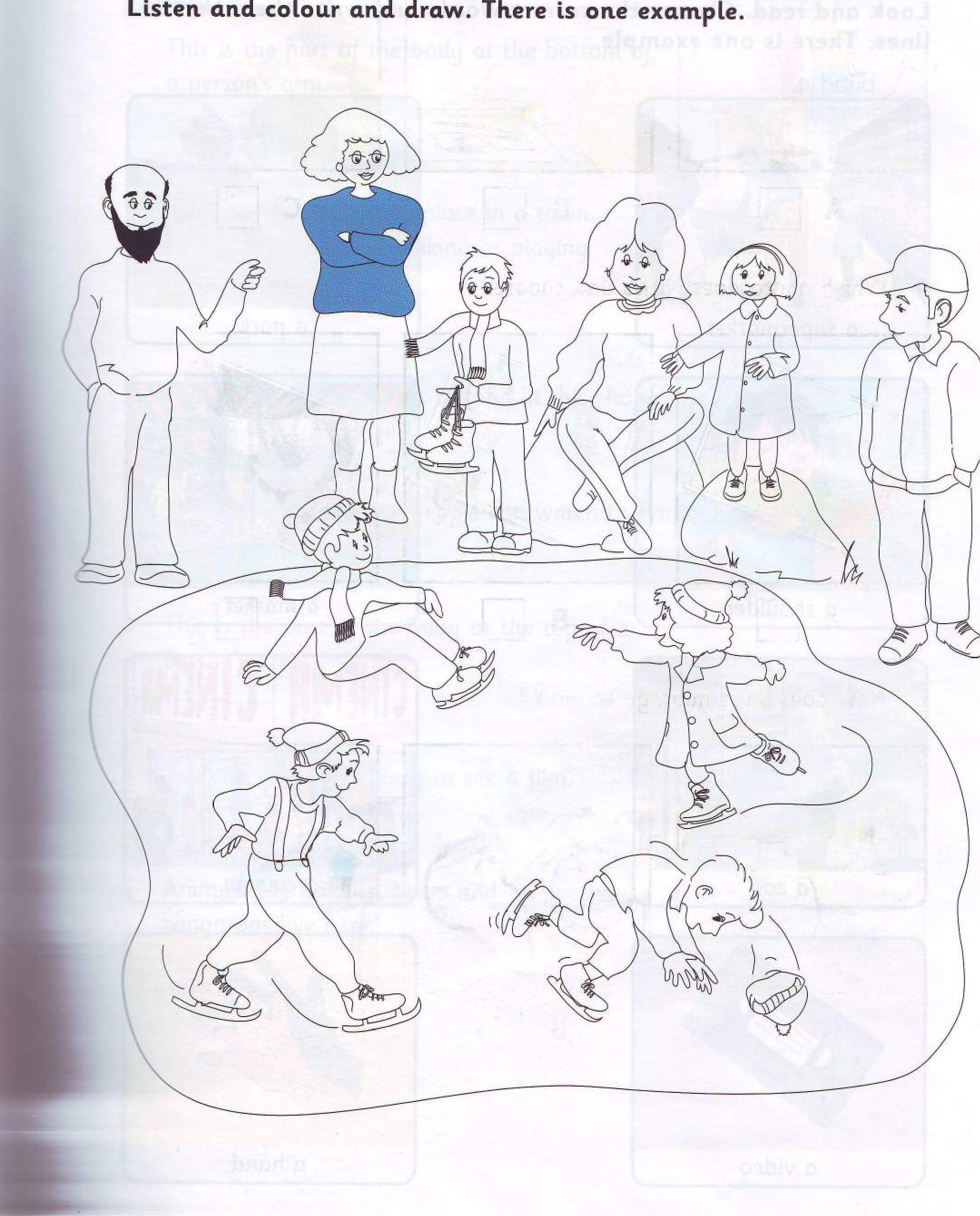 Part 5 scene: children ice-skating on a frozen lake with a bearded man watching