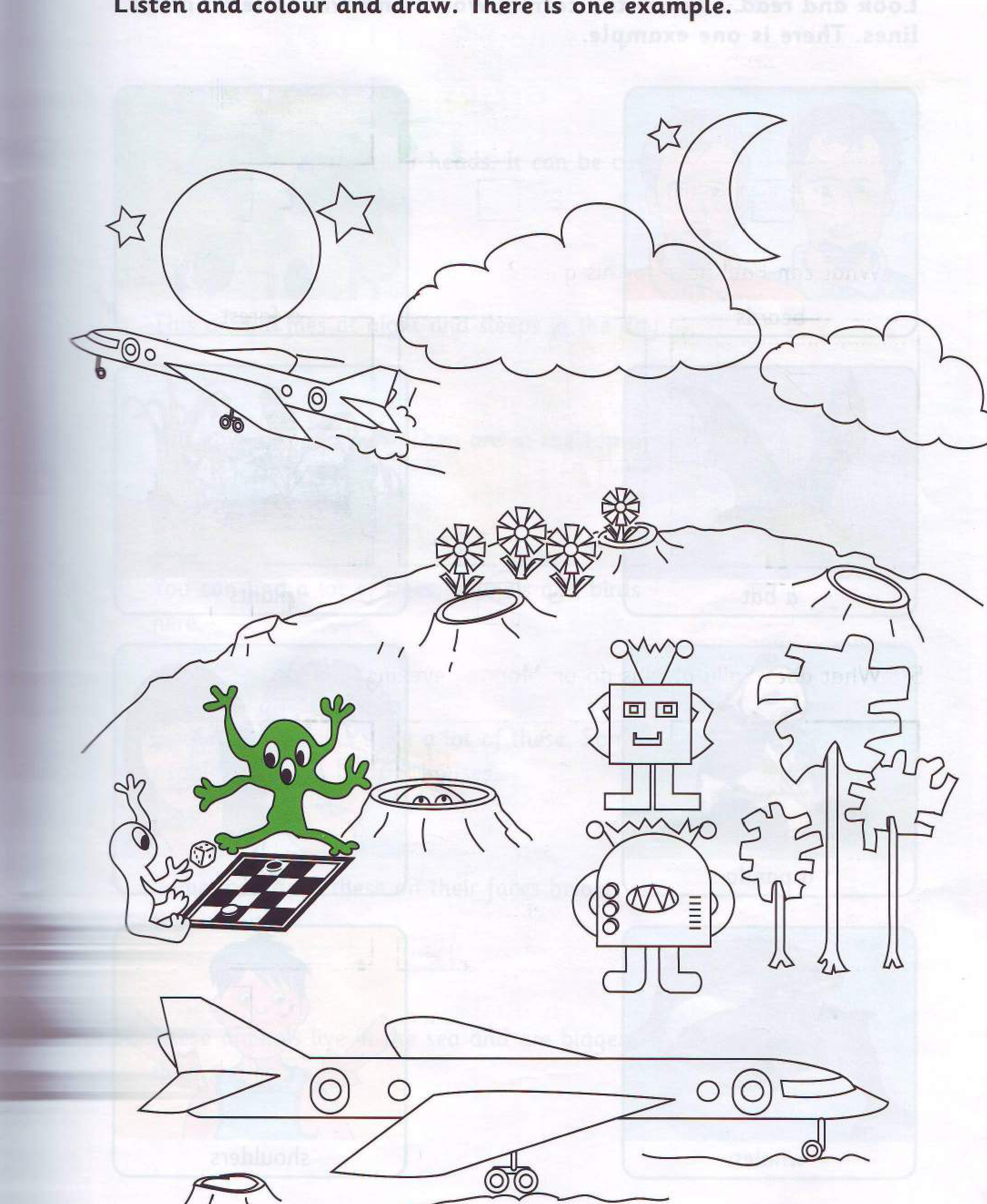 Part 5 scene: a fantasy world with robots, monsters, planes, stars, trees and flowers
