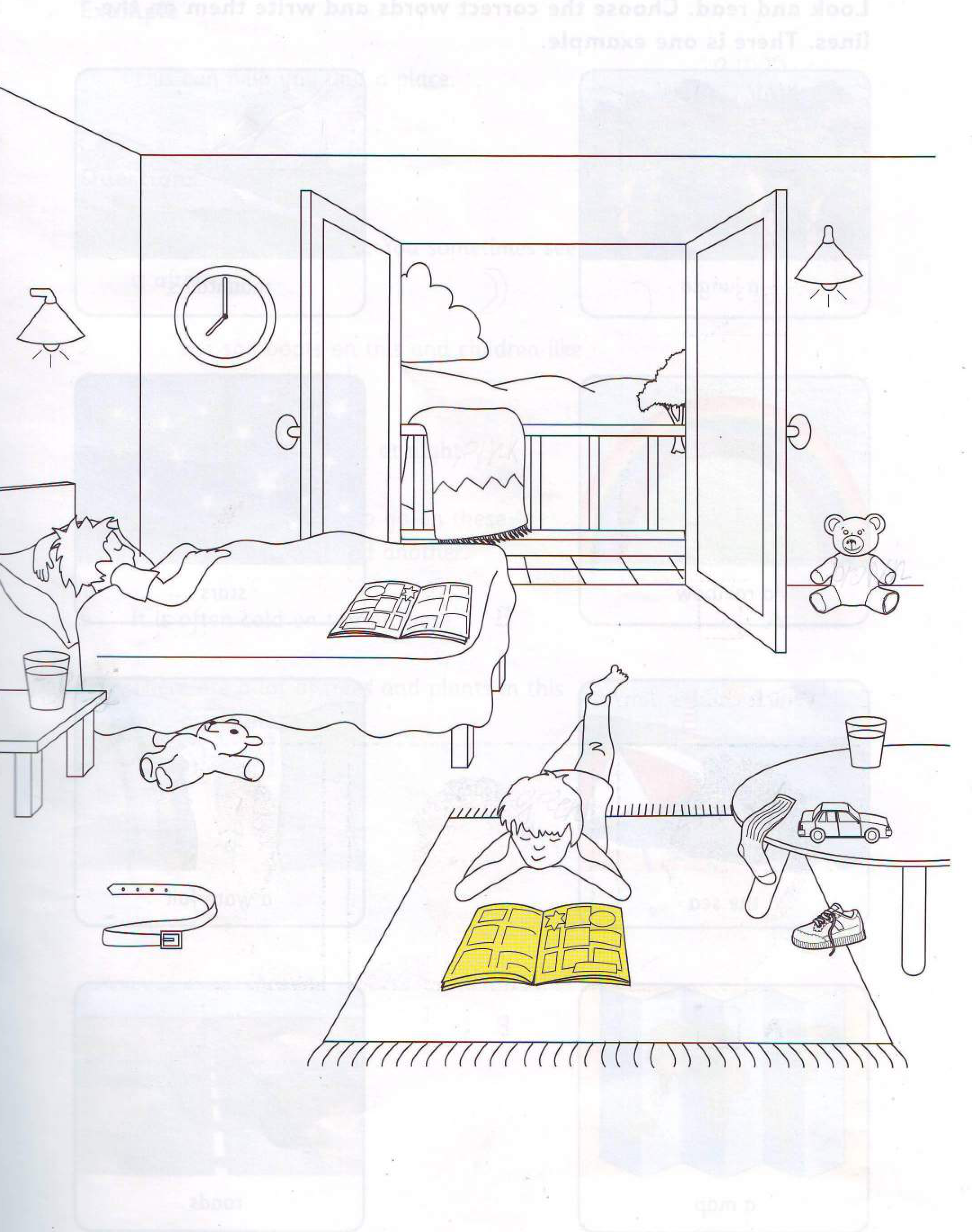 Part 5 scene: bedroom with two cupboards, a door, a bed with a monster, and two boys
