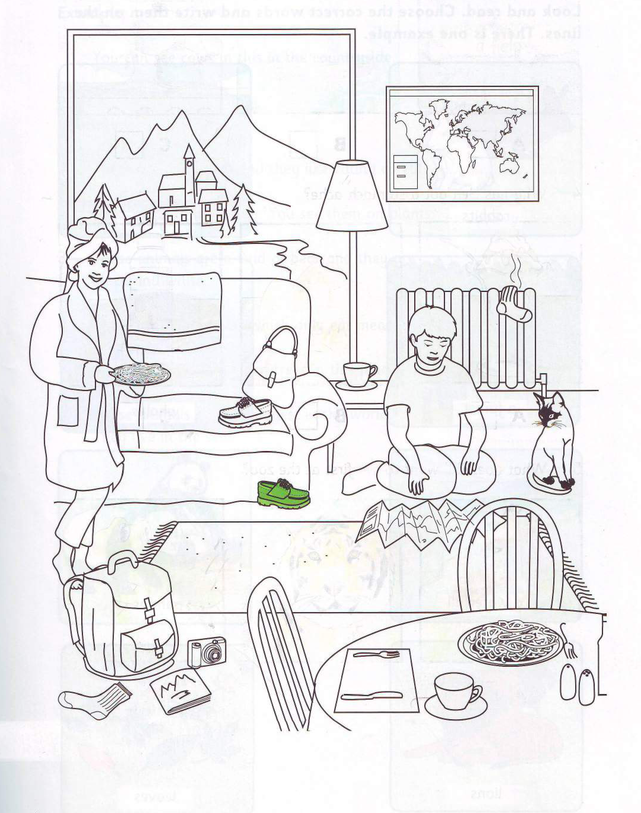 Part 5 scene: bedroom with two cupboards, a door, a bed with a monster, and two boys