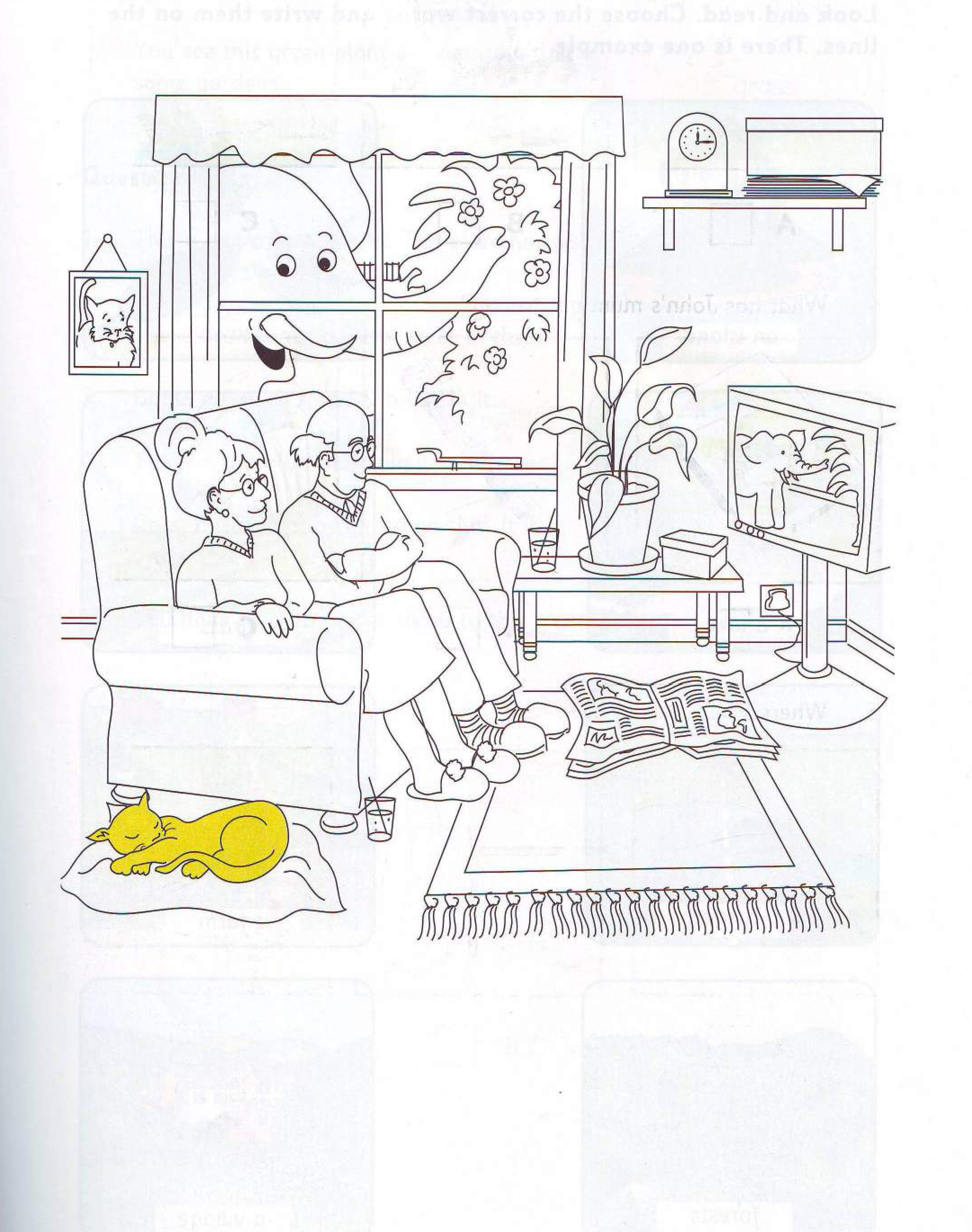 Part 5 scene: bedroom with two cupboards, a door, a bed with a monster, and two boys
