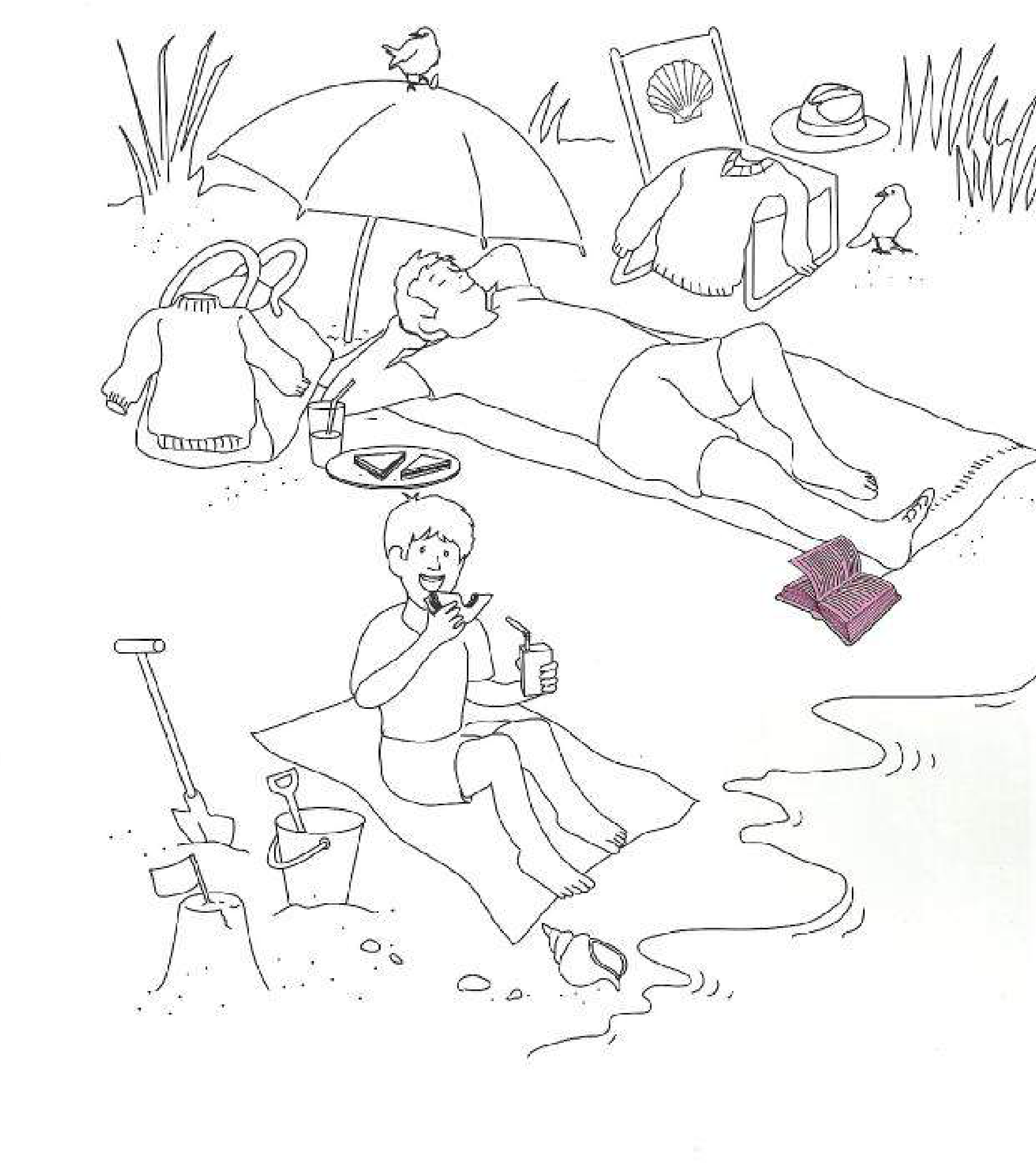Part 5 scene: a beach with a man, a child, an umbrella and the sea