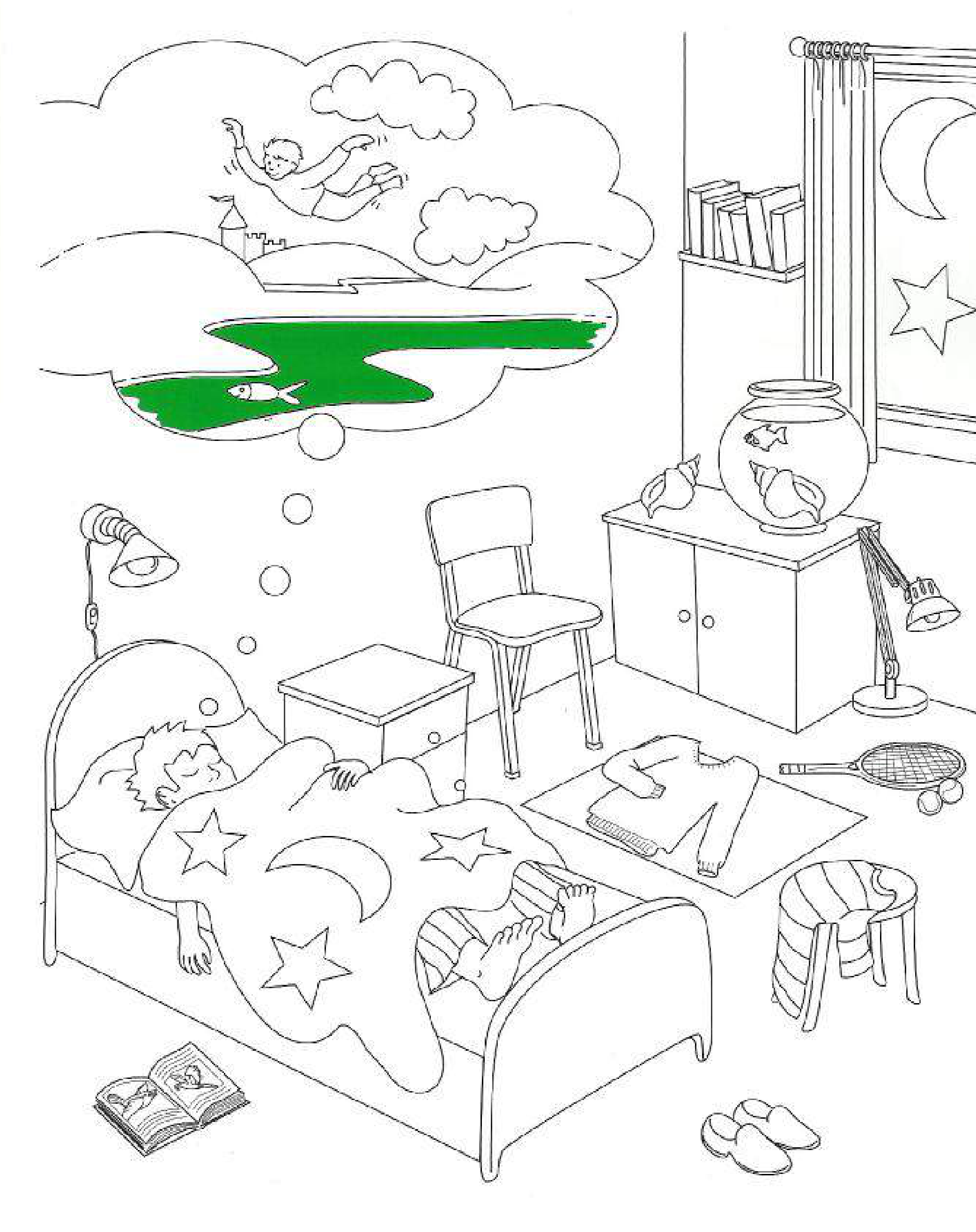 Part 5 scene: a bedroom with a bed, a window, a fish bowl and a lamp
