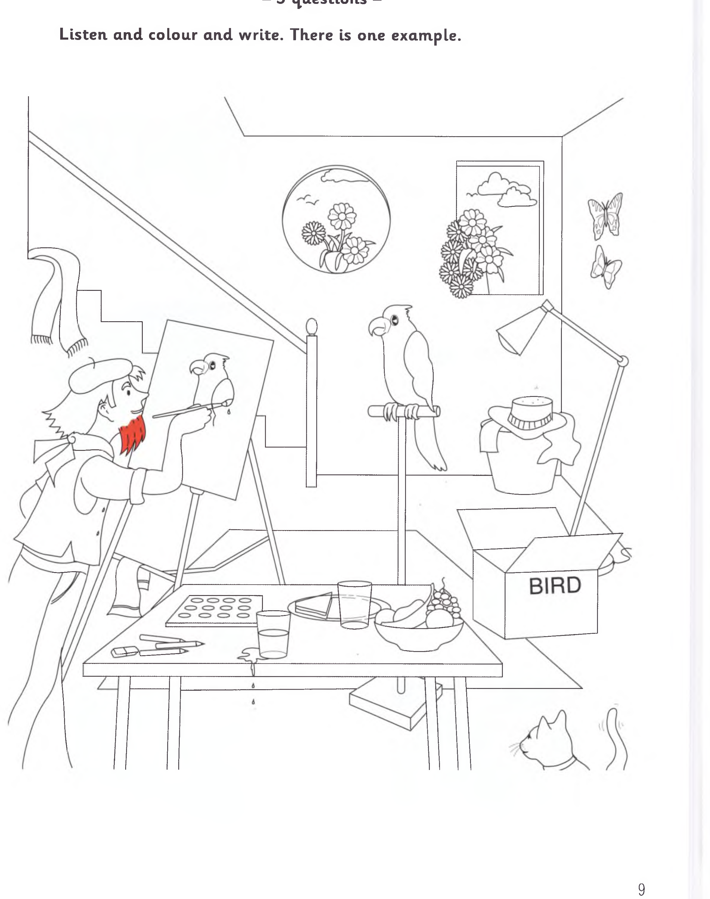 Part 5 scene: an artist's studio with an easel, a parrot on a perch, a table, and a staircase