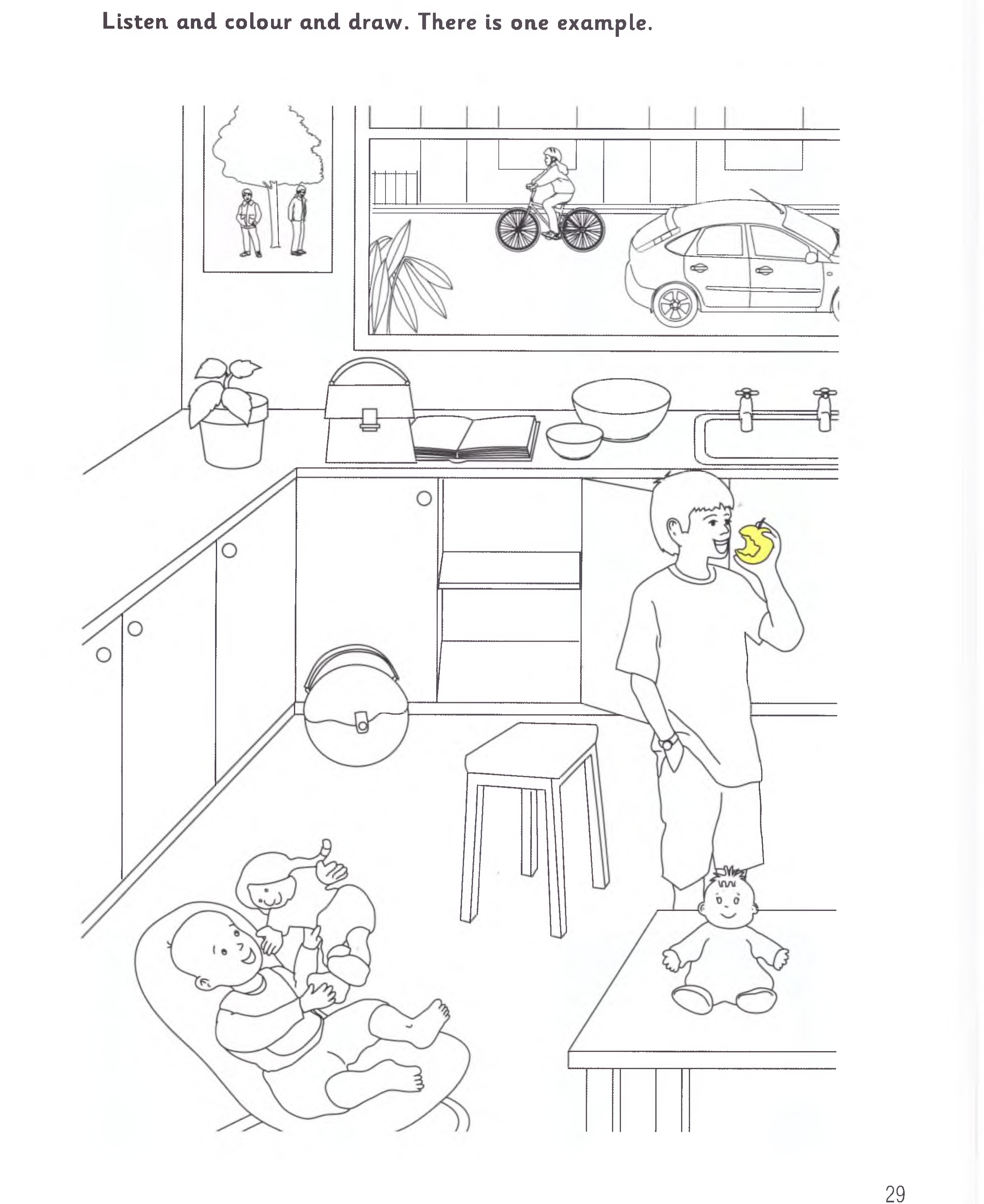 Part 5 scene: a kitchen with a boy, a girl with a baby, kitchen counters, and a large window