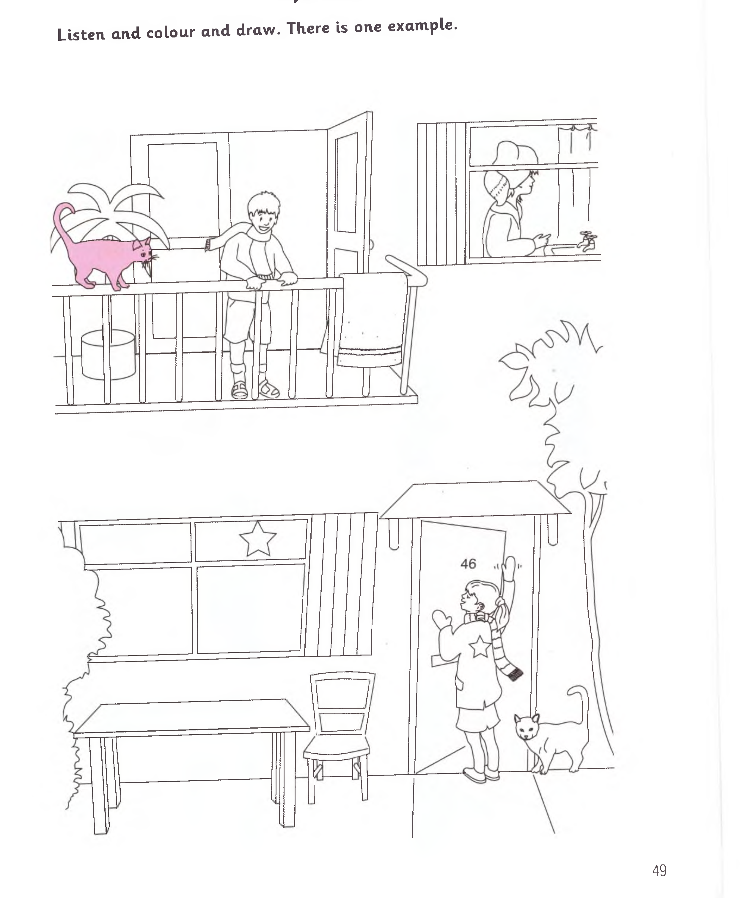 Part 5 scene: the exterior of a house with a balcony, a garden table, and a doorway
