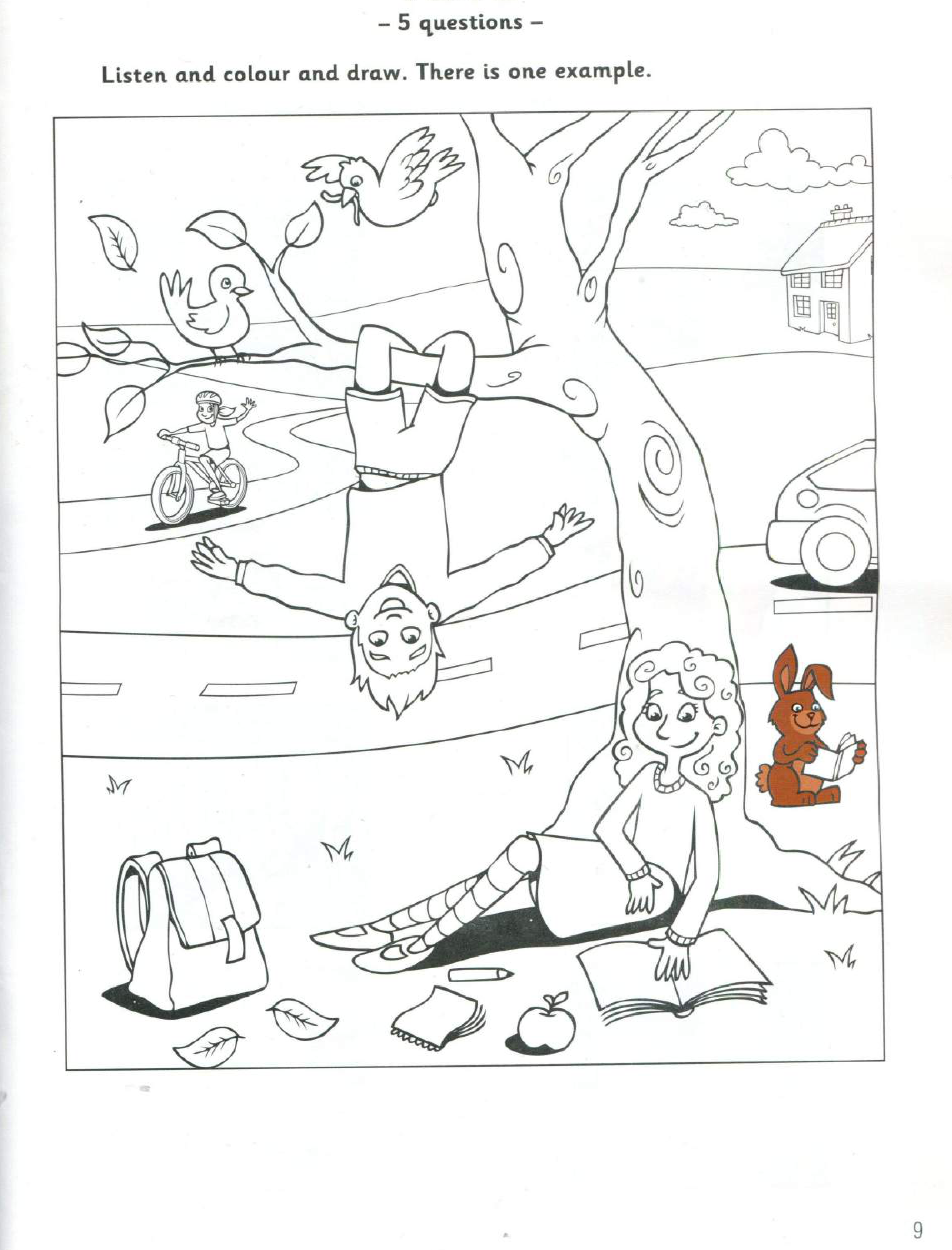 Part 5 scene: an outdoor park with a large tree, a cyclist on a road, a boy doing a handstand, birds, clouds and fallen leaves