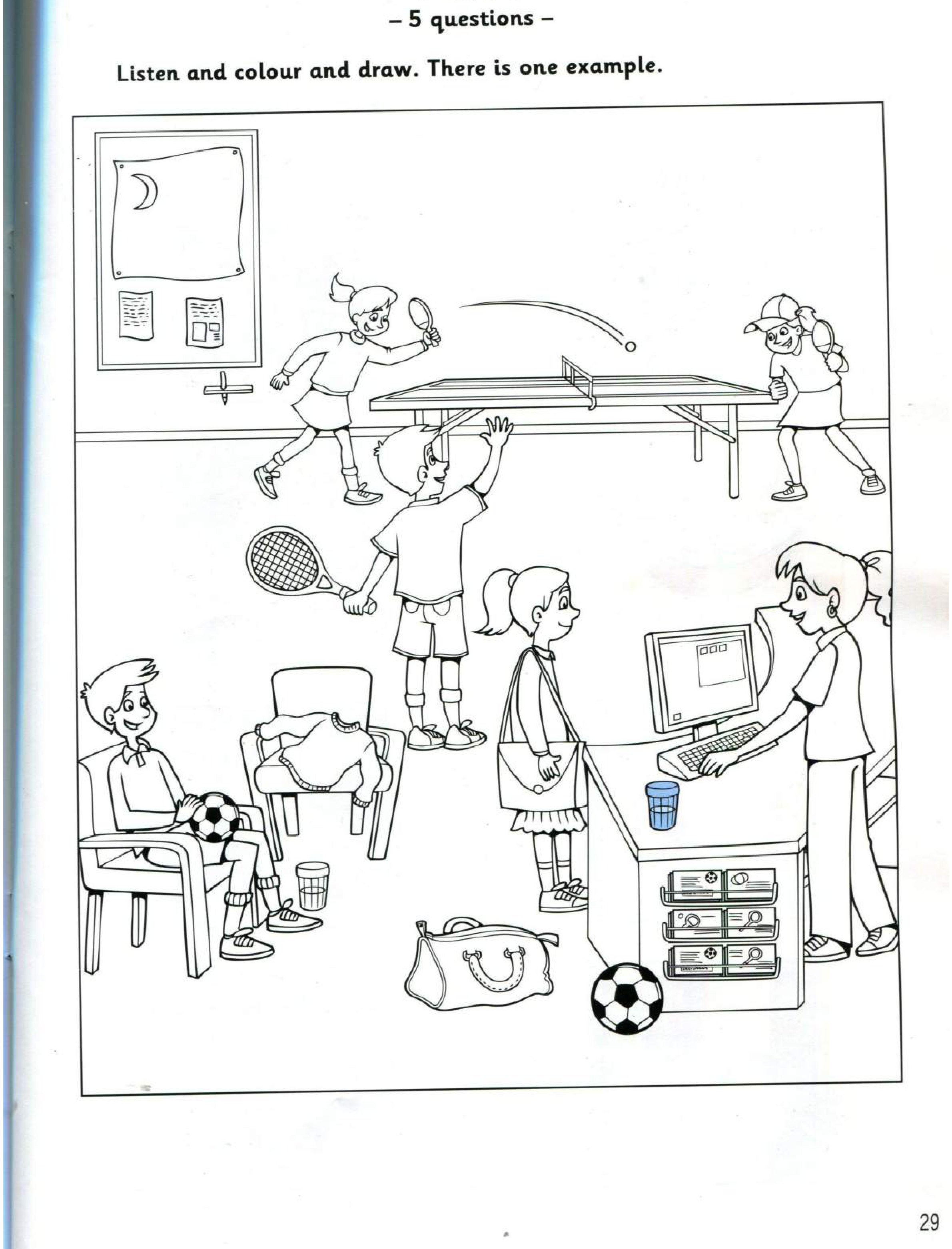 Part 5 scene: a sports centre with a table-tennis table, a noticeboard with a moon, children, chairs, a bag and a football