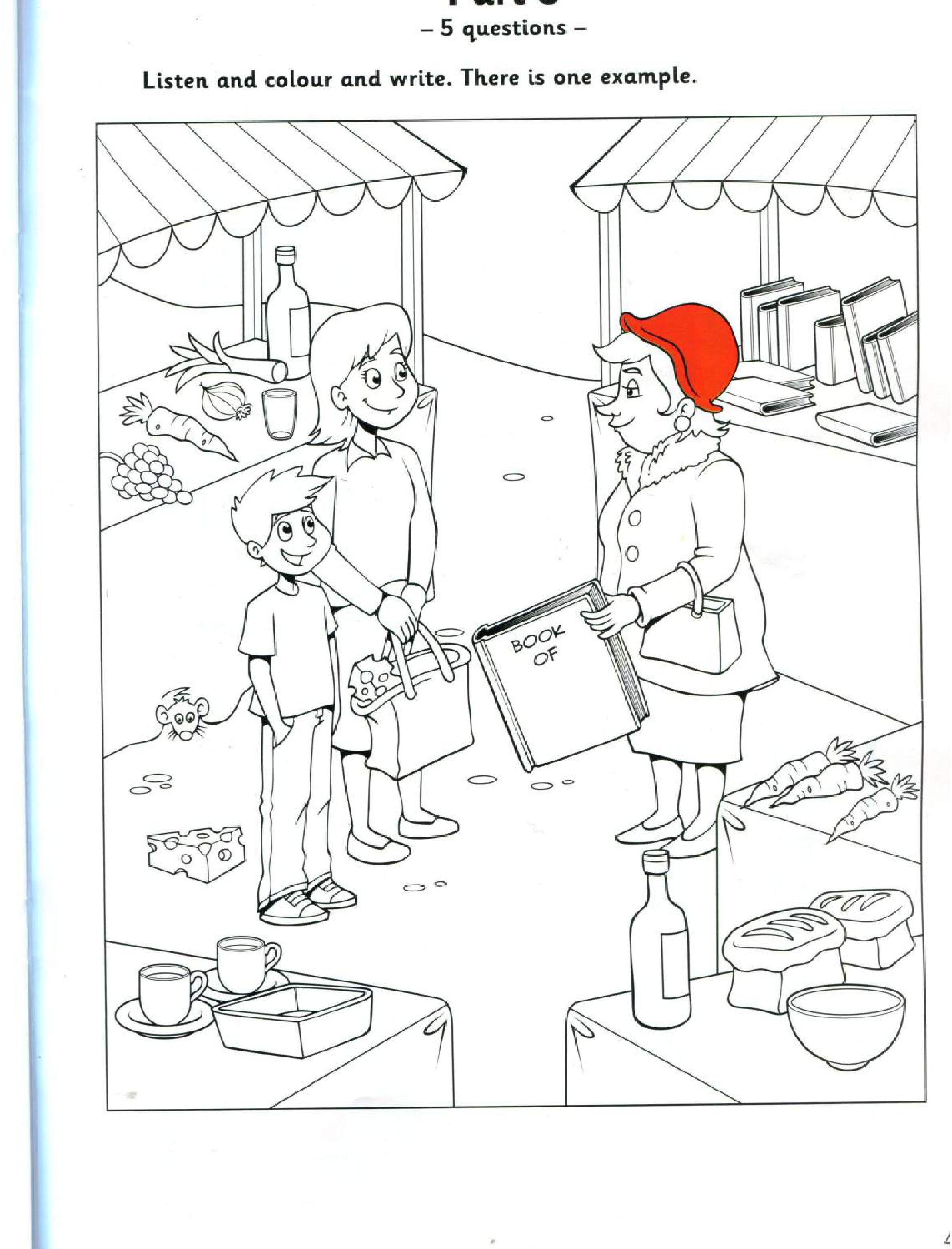 Part 5 scene: an outdoor food-market stall with a woman in a red hat, a boy, bread, a bottle, a carrot, cheese, grapes and bowls