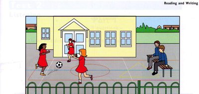 Playground: girls playing football, boys on bench