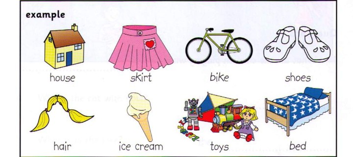 Word bank: house, skirt, bike, shoes, hair, ice cream, toys, bed