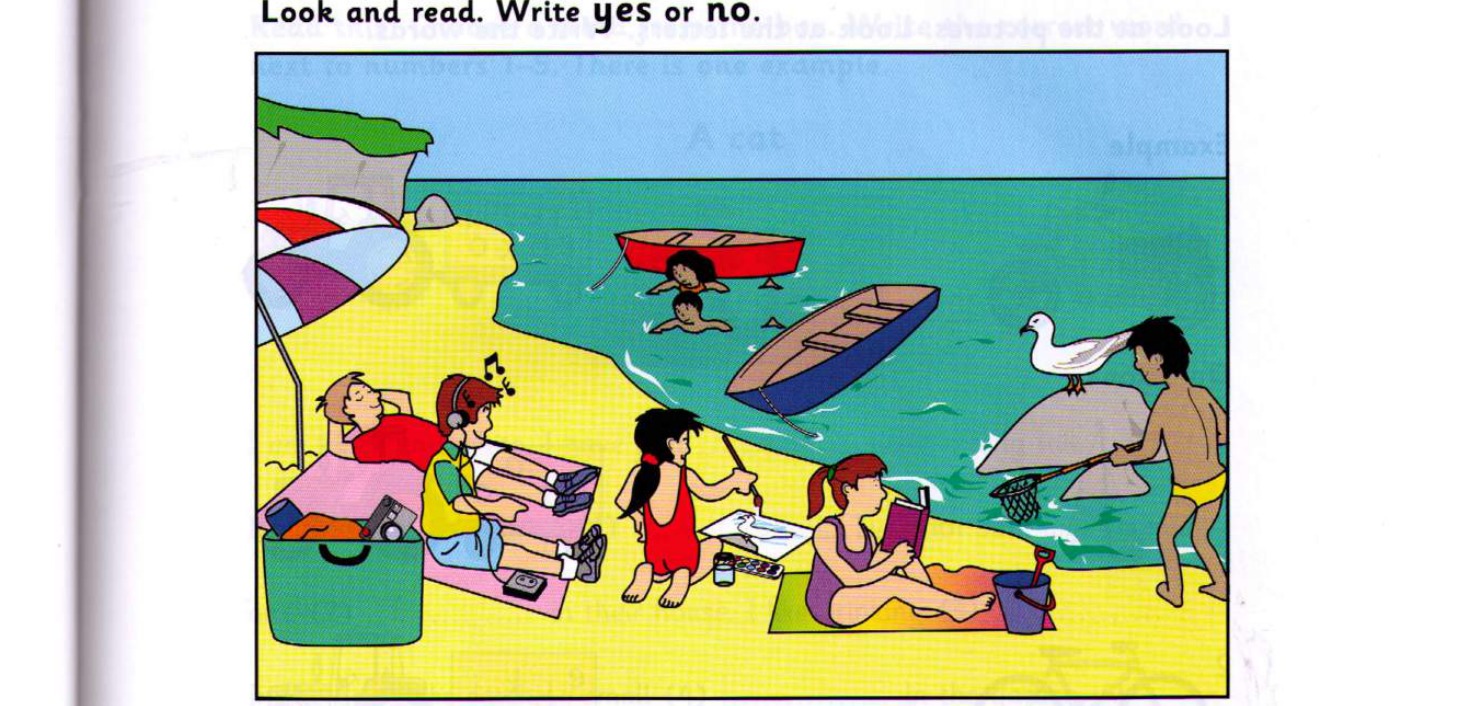 Part 2 beach scene: boats, girl painting, birds, children swimming