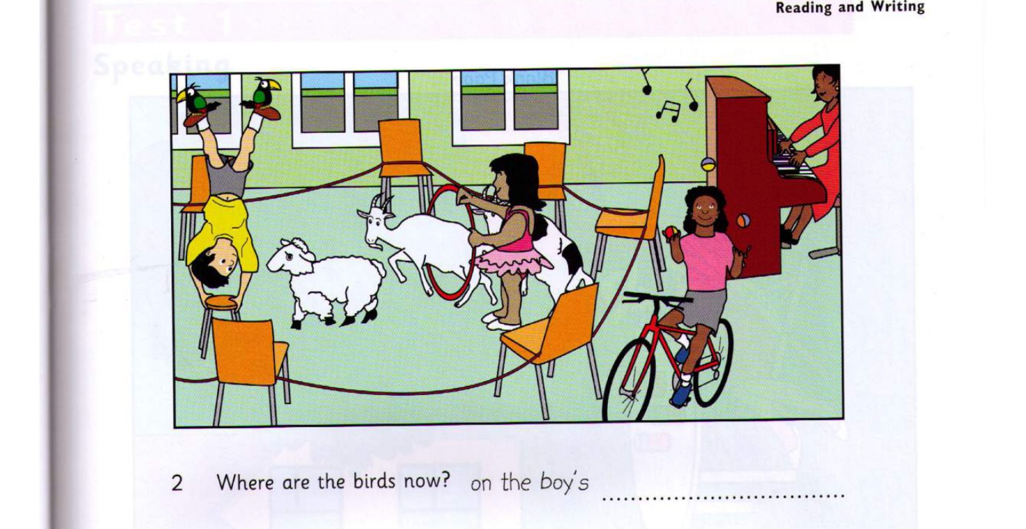 Scene B: birds on boy's feet, girl on bike with balls