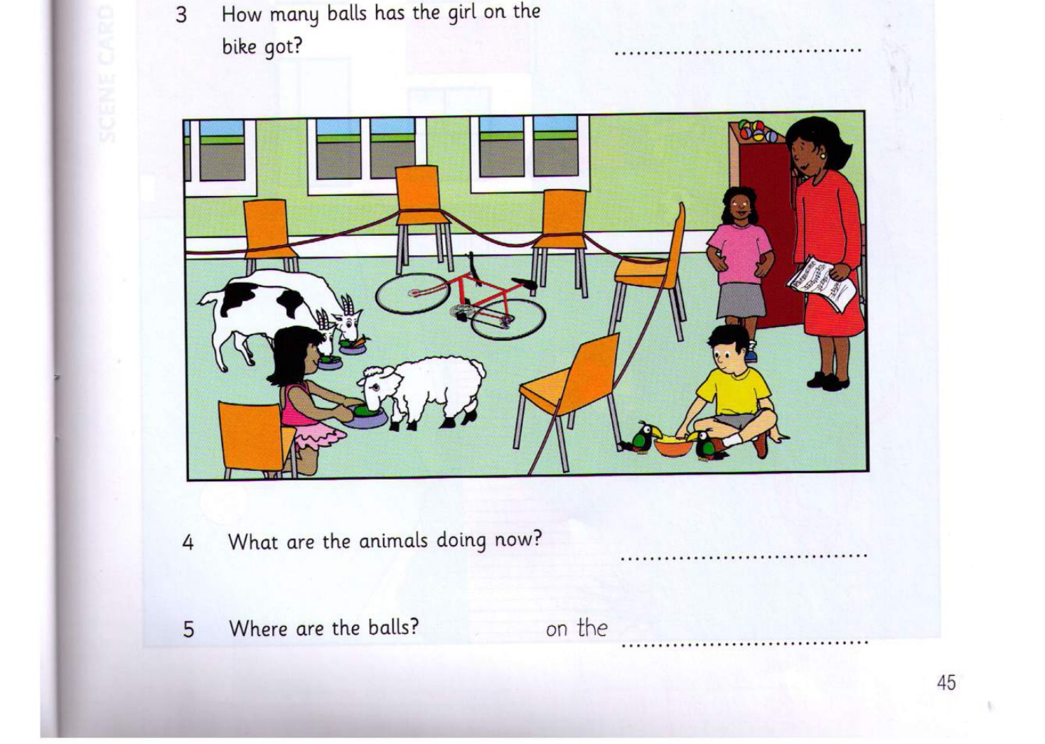 Scene C: animals eating, balls on piano