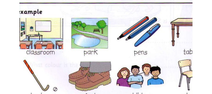 Word bank: classroom, park, pens, table, hockey, feet, children, chair
