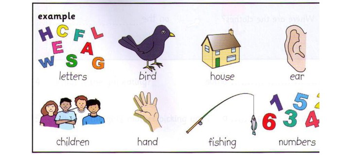 Word bank: letters, bird, house, ear, children, hand, fishing, numbers